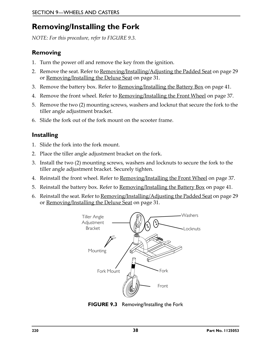 Invacare 220 manual Removing/Installing the Fork 