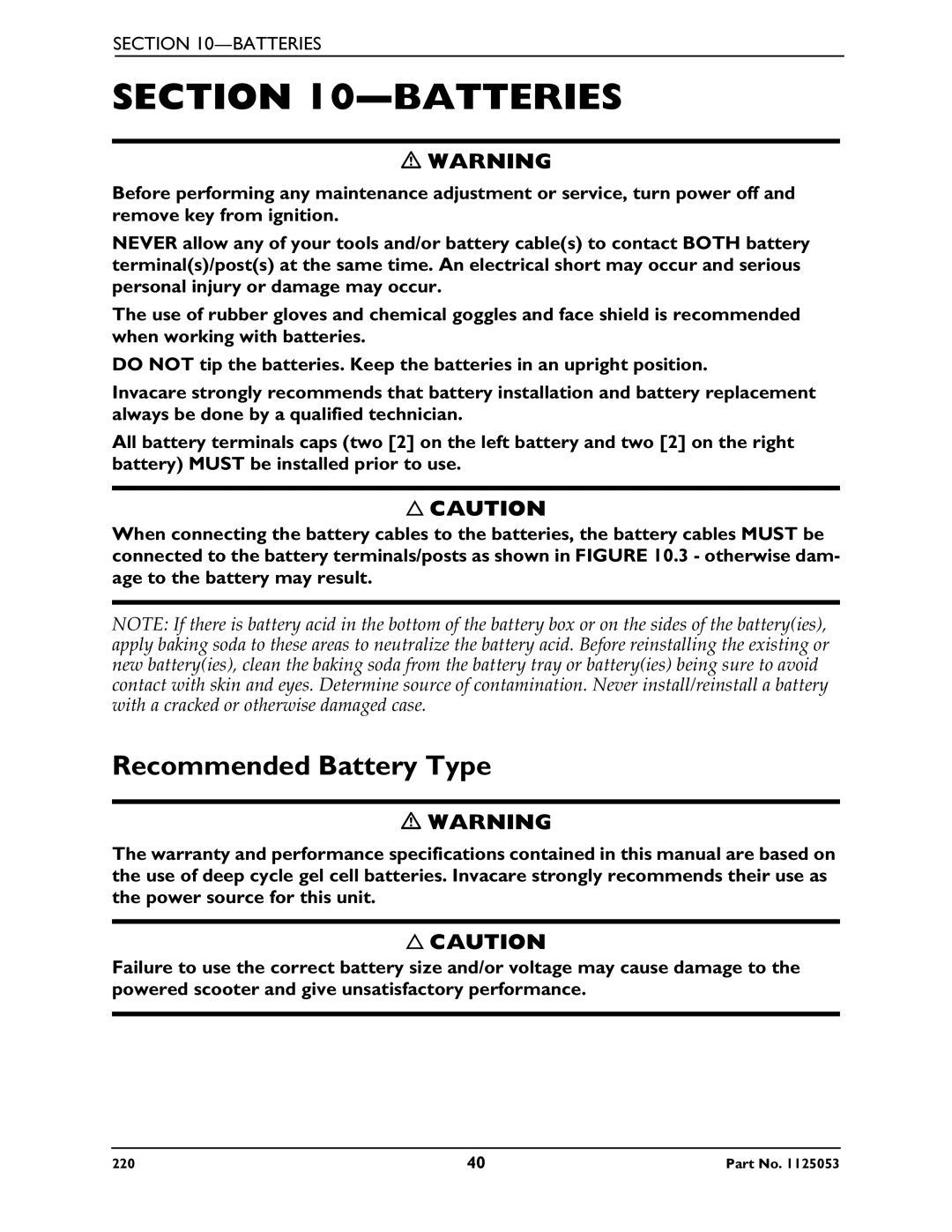 Invacare 220 manual Batteries, Recommended Battery Type 