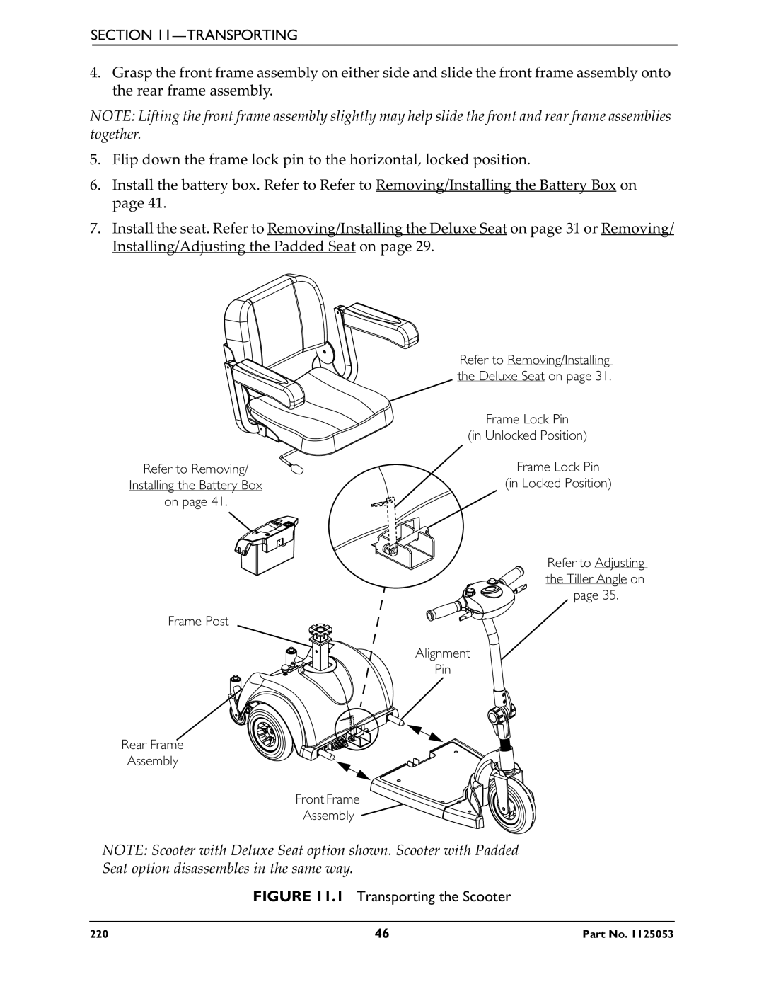 Invacare 220 manual Transporting the Scooter 