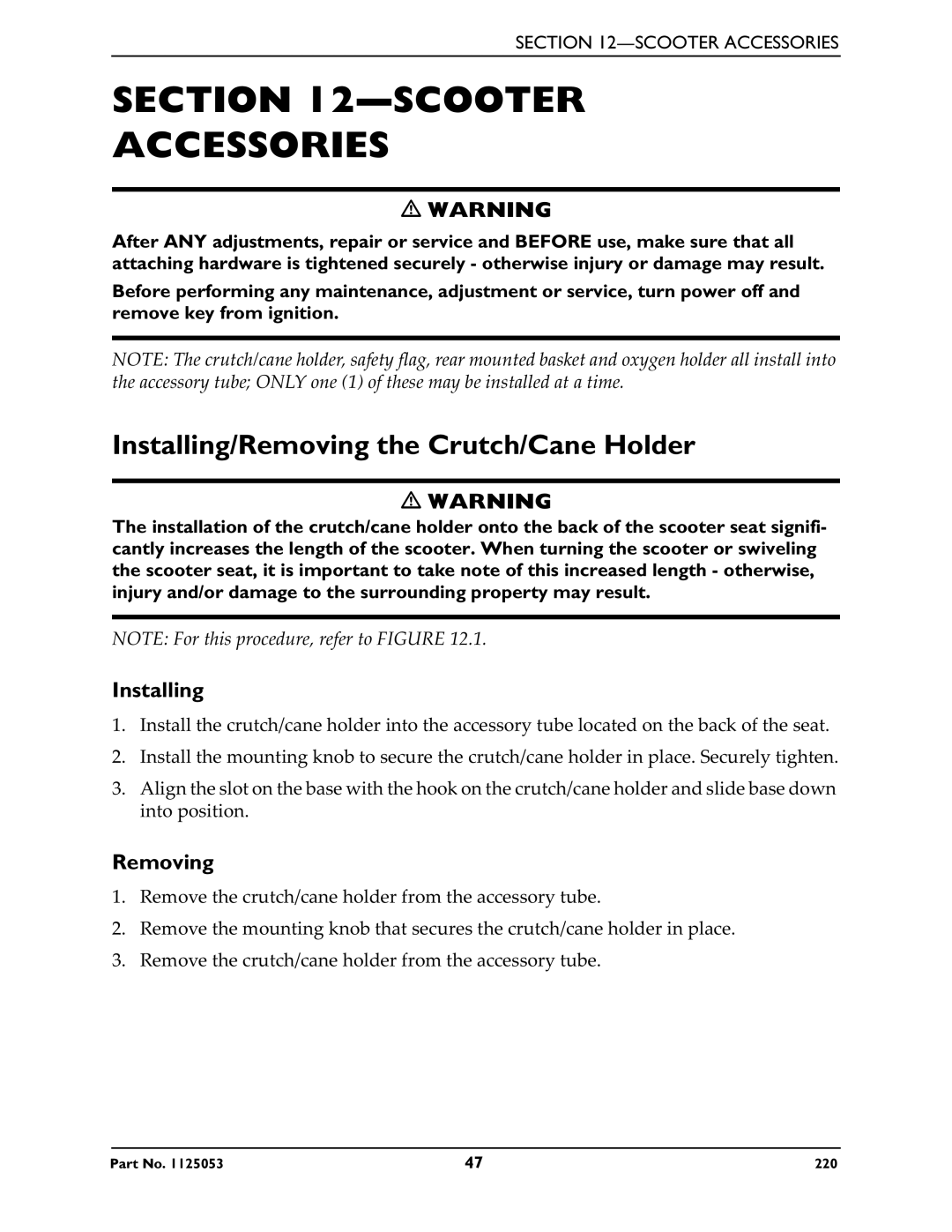 Invacare 220 manual Scooter Accessories, Installing/Removing the Crutch/Cane Holder 