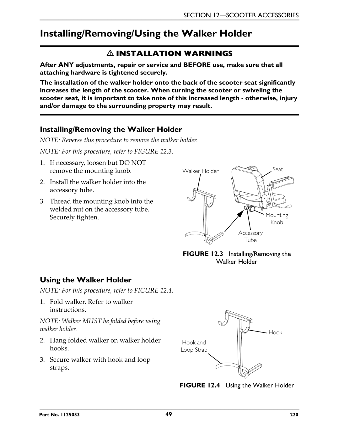 Invacare 220 manual Installing/Removing/Using the Walker Holder, Installing/Removing the Walker Holder 