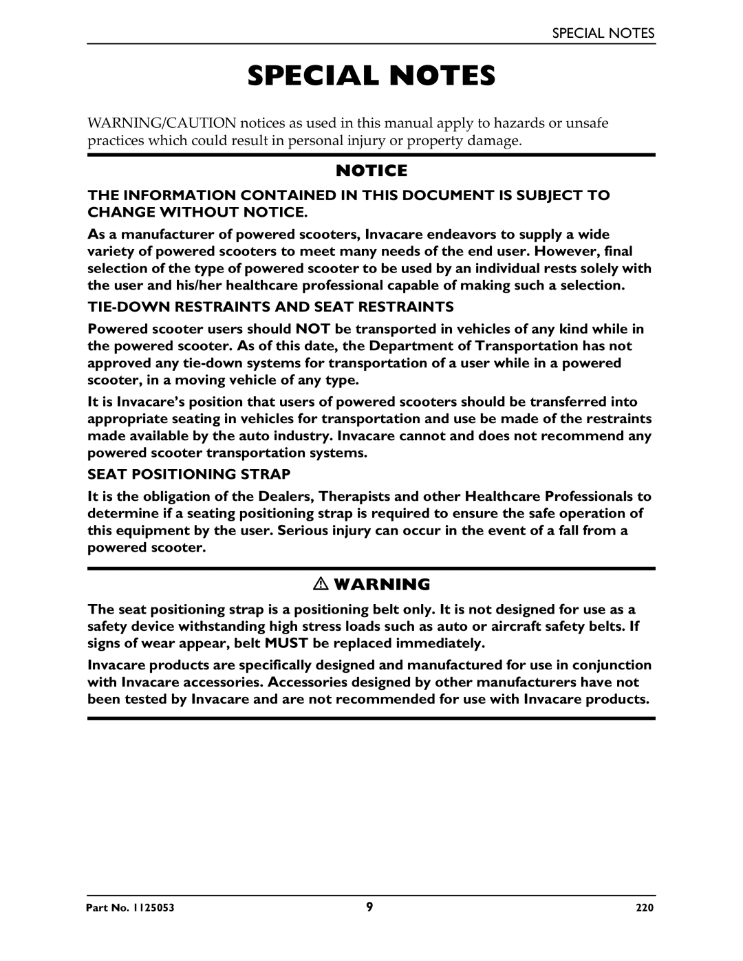 Invacare 220 manual Special Notes, TIE-DOWN Restraints and Seat Restraints 