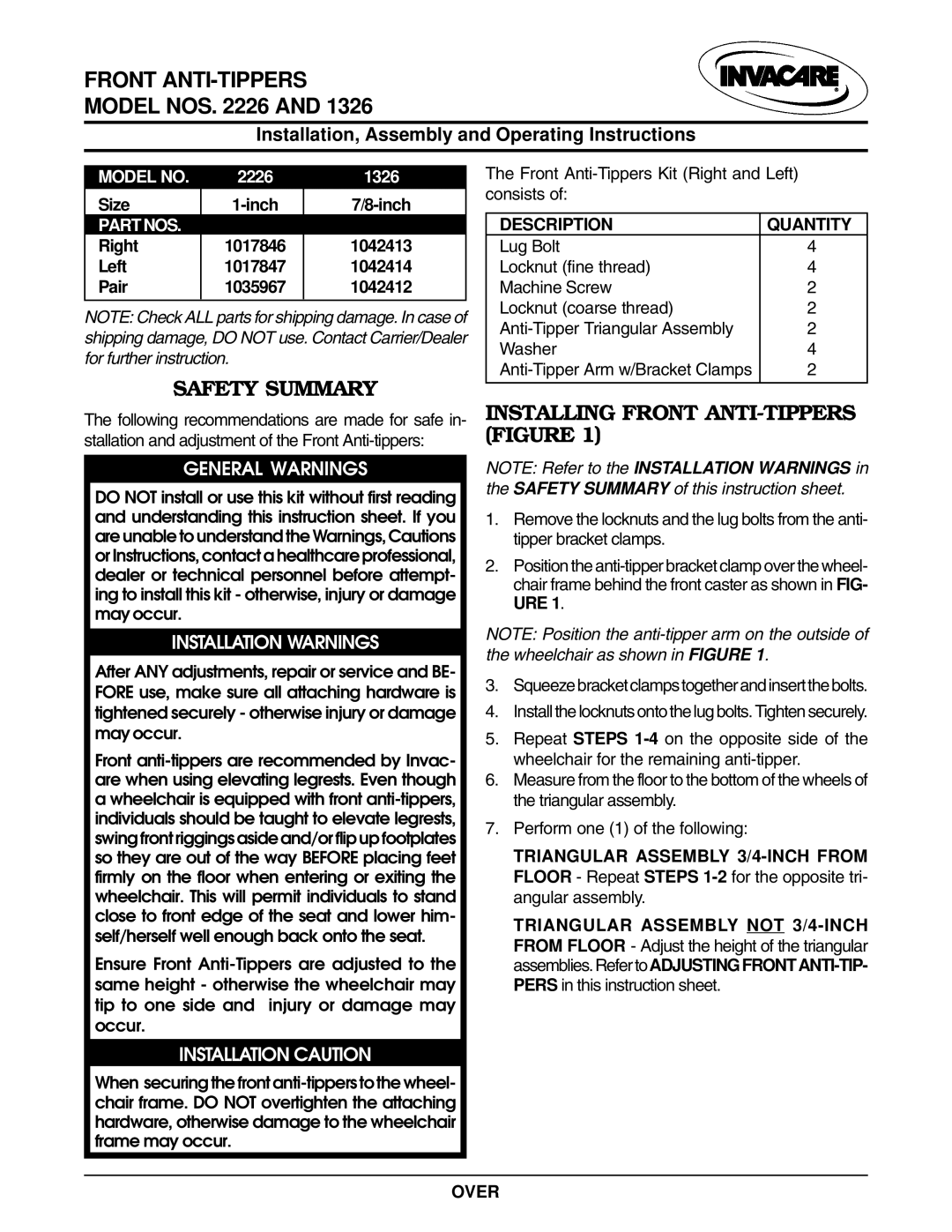 Invacare 1326, 2226 operating instructions Safety Summary, Installing Front ANTI-TIPPERS Figure, General Warnings 