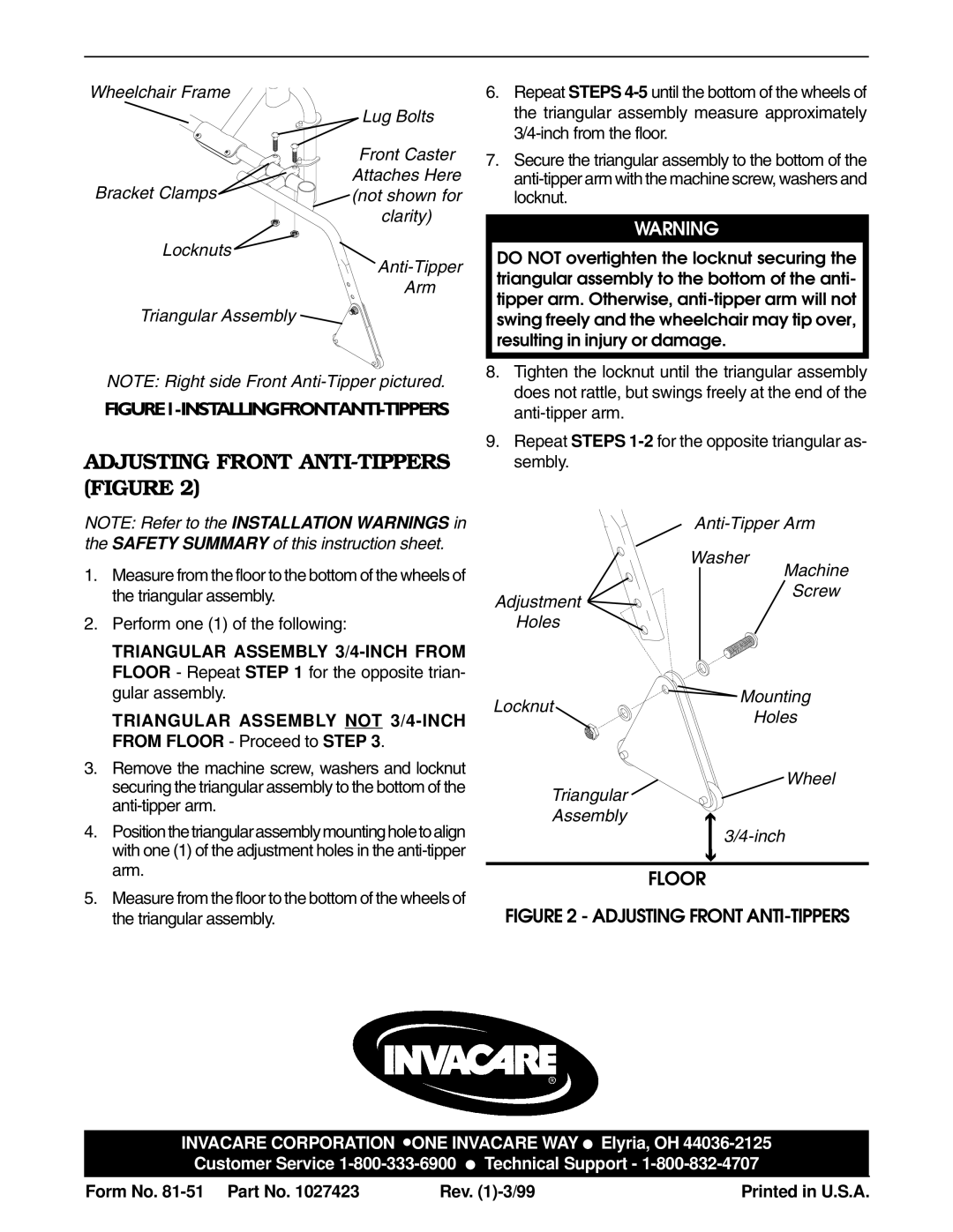 Invacare 2226 Adjusting Front ANTI-TIPPERS Figure, Triangular Assembly 3/4-INCH from, Triangular Assembly not 3/4-INCH 