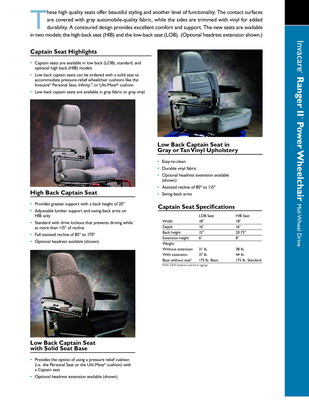 Invacare 22NF specifications Captain Seat Highlights, High Back Captain Seat, Captain Seat Specifications 