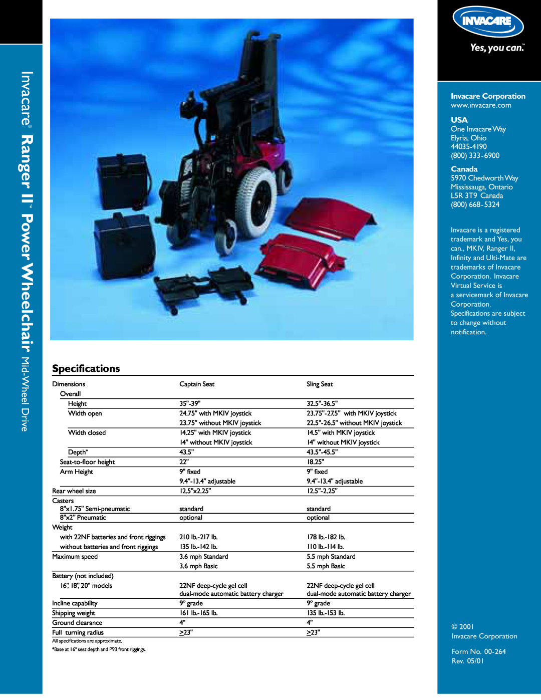 Invacare 22NF specifications Invacare Ranger II Power Wheelchair Mid-Wheel Drive, Specifications, Invacare Corporation 