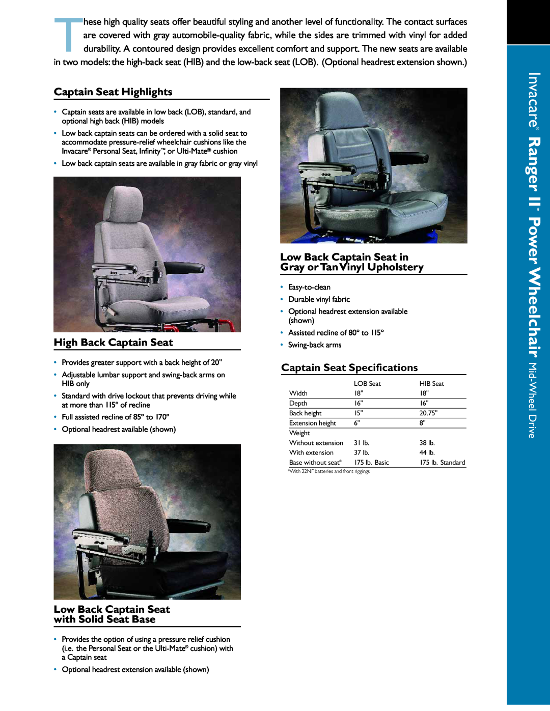 Invacare 22NF specifications Captain Seat Highlights, High Back Captain Seat, Captain Seat Specifications 