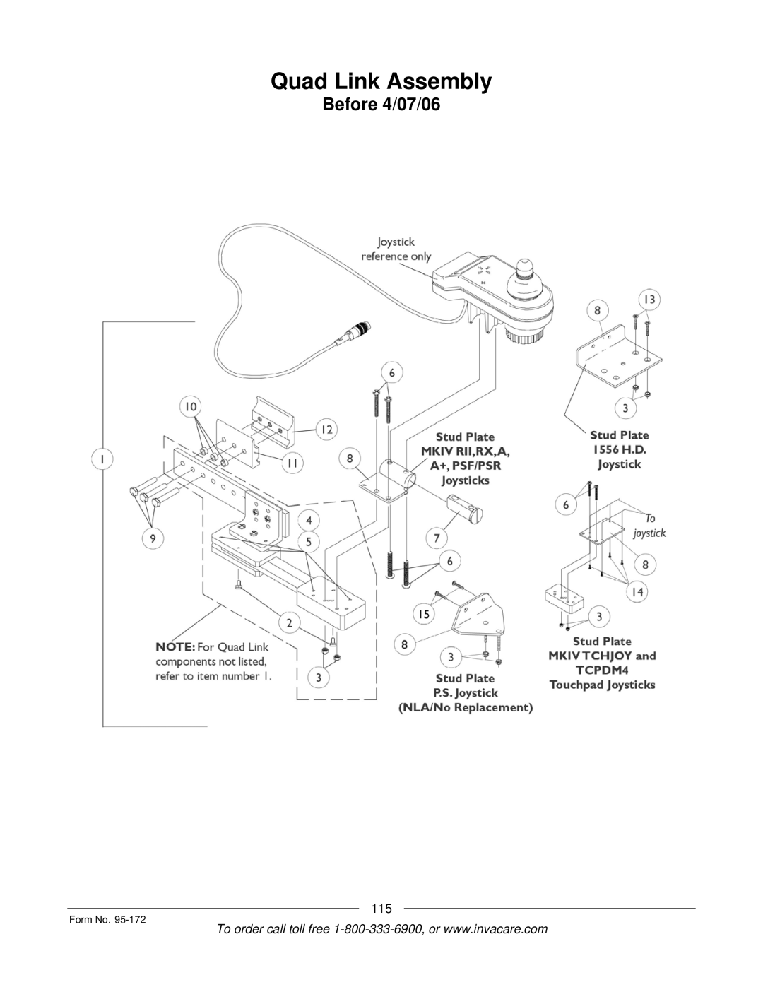 Invacare 250-S manual Quad Link Assembly, 115 