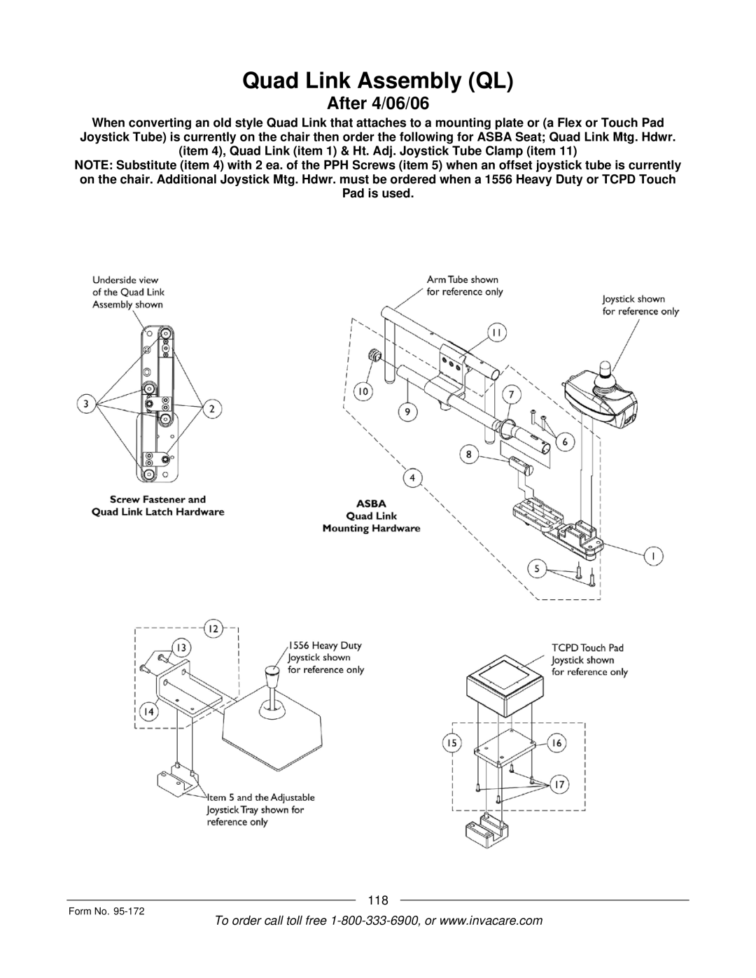 Invacare 250-S manual Quad Link Assembly QL, After 4/06/06 