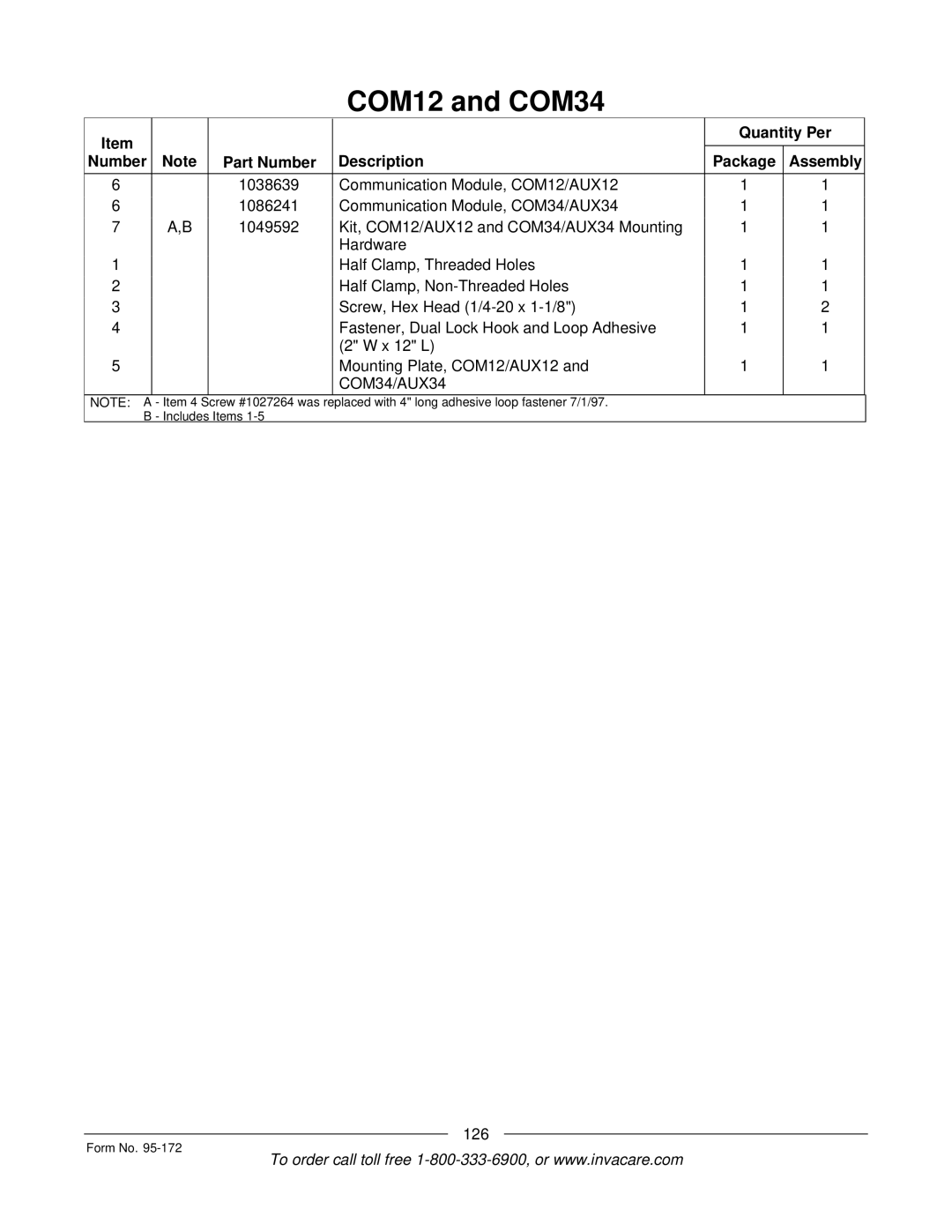 Invacare 250-S manual COM34/AUX34, 126 