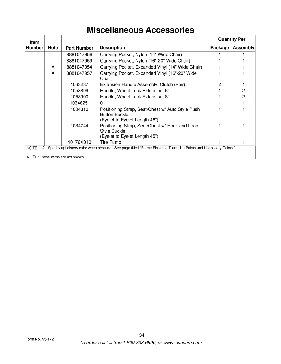 Invacare 250-S manual Miscellaneous Accessories, 134 