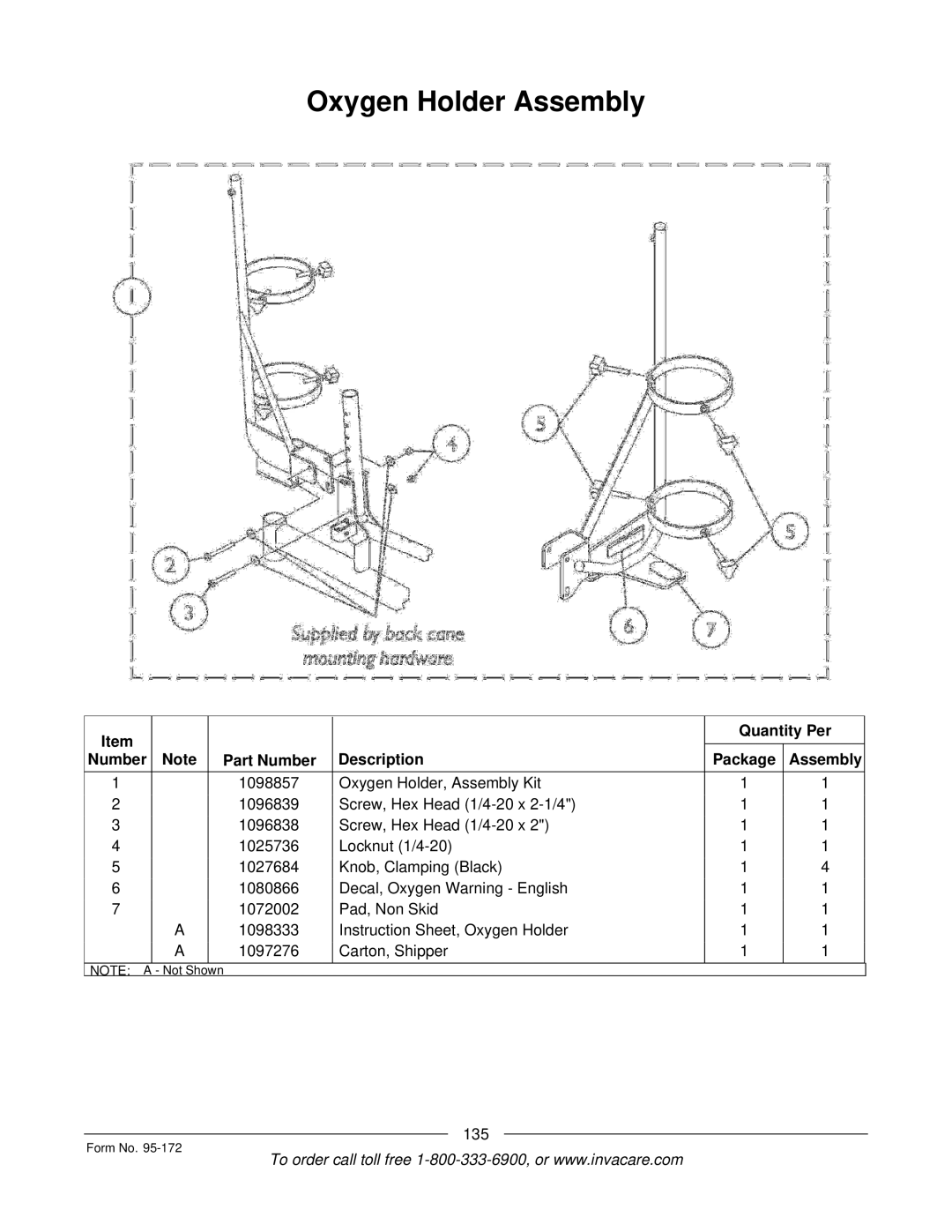 Invacare 250-S manual Oxygen Holder Assembly, 135 