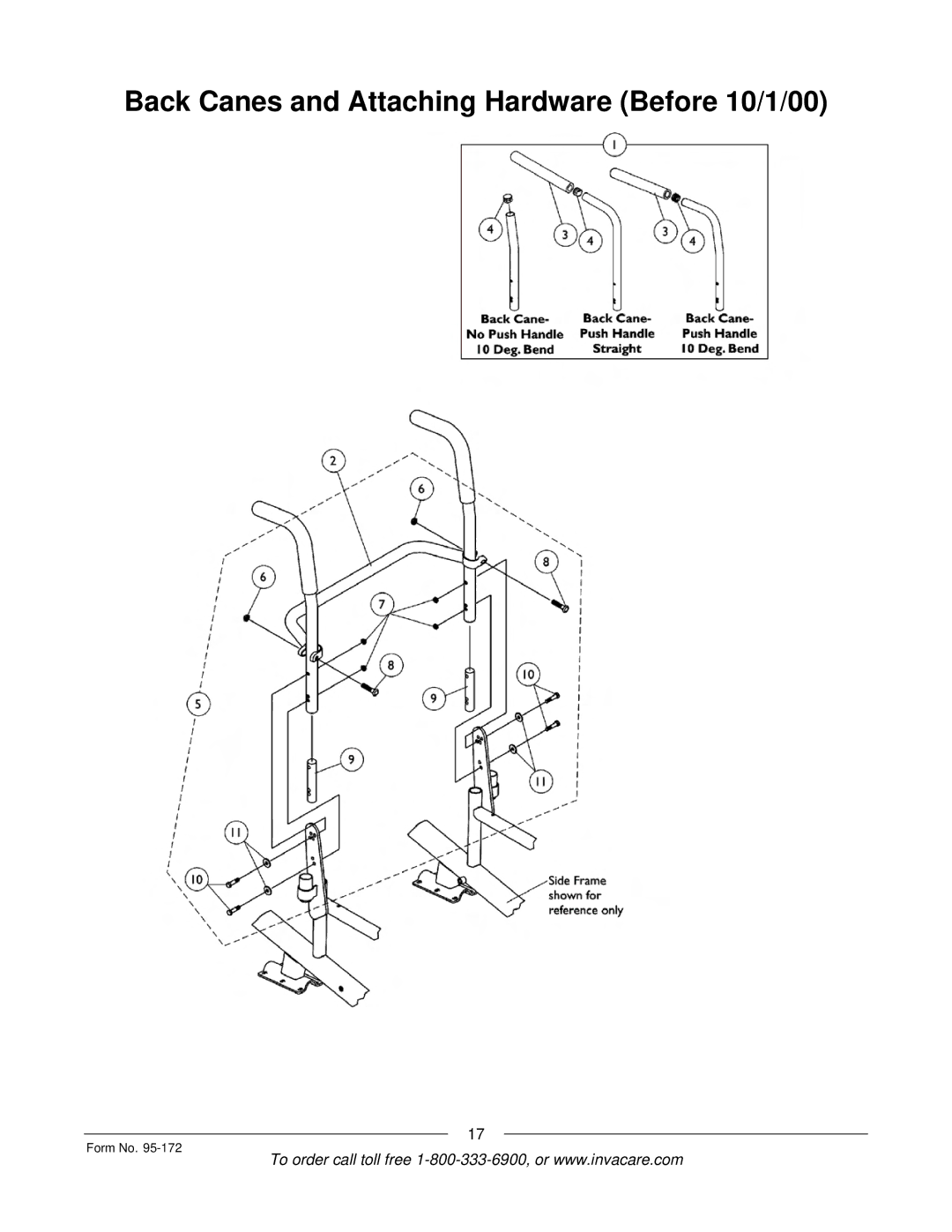 Invacare 250-S manual Back Canes and Attaching Hardware Before 10/1/00 