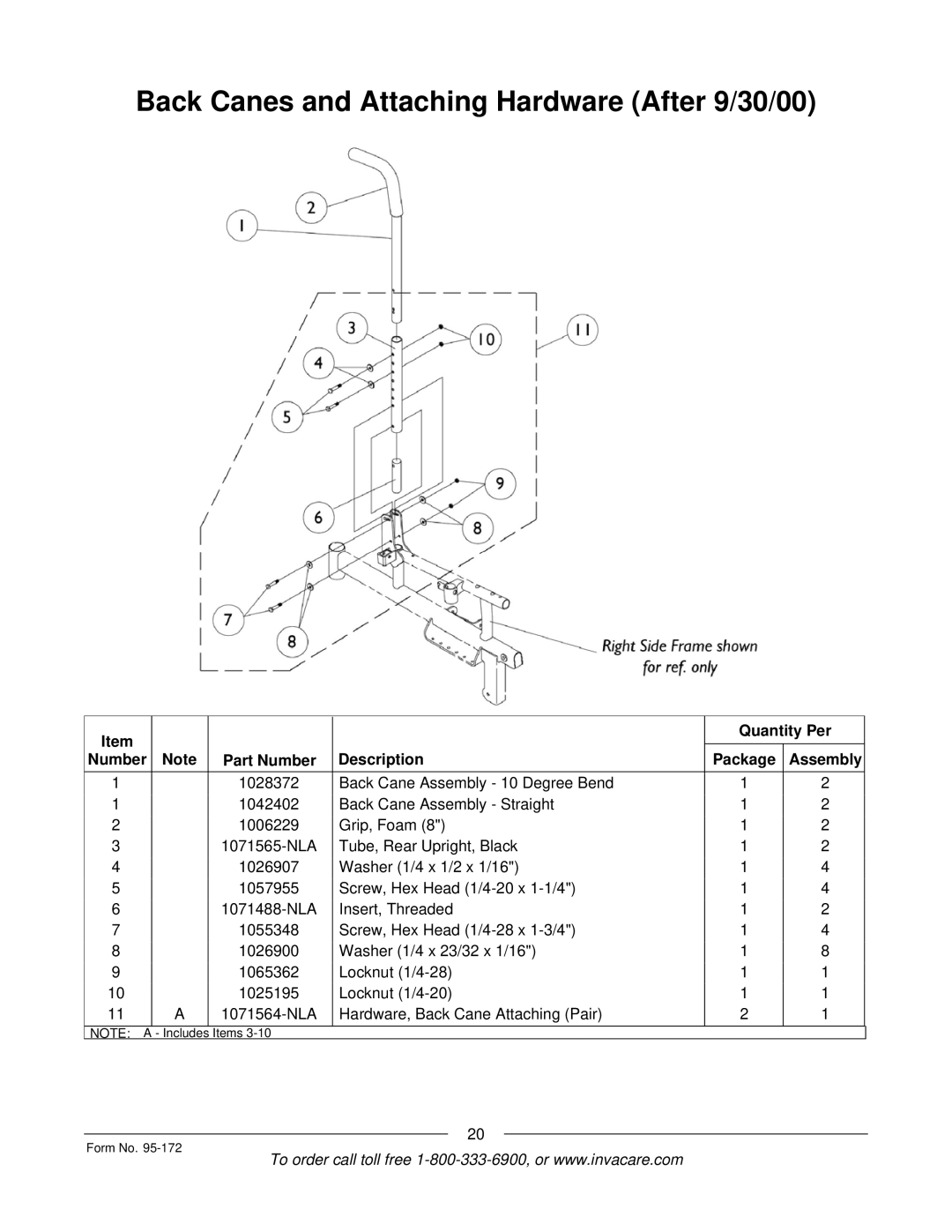 Invacare 250-S manual Back Canes and Attaching Hardware After 9/30/00 