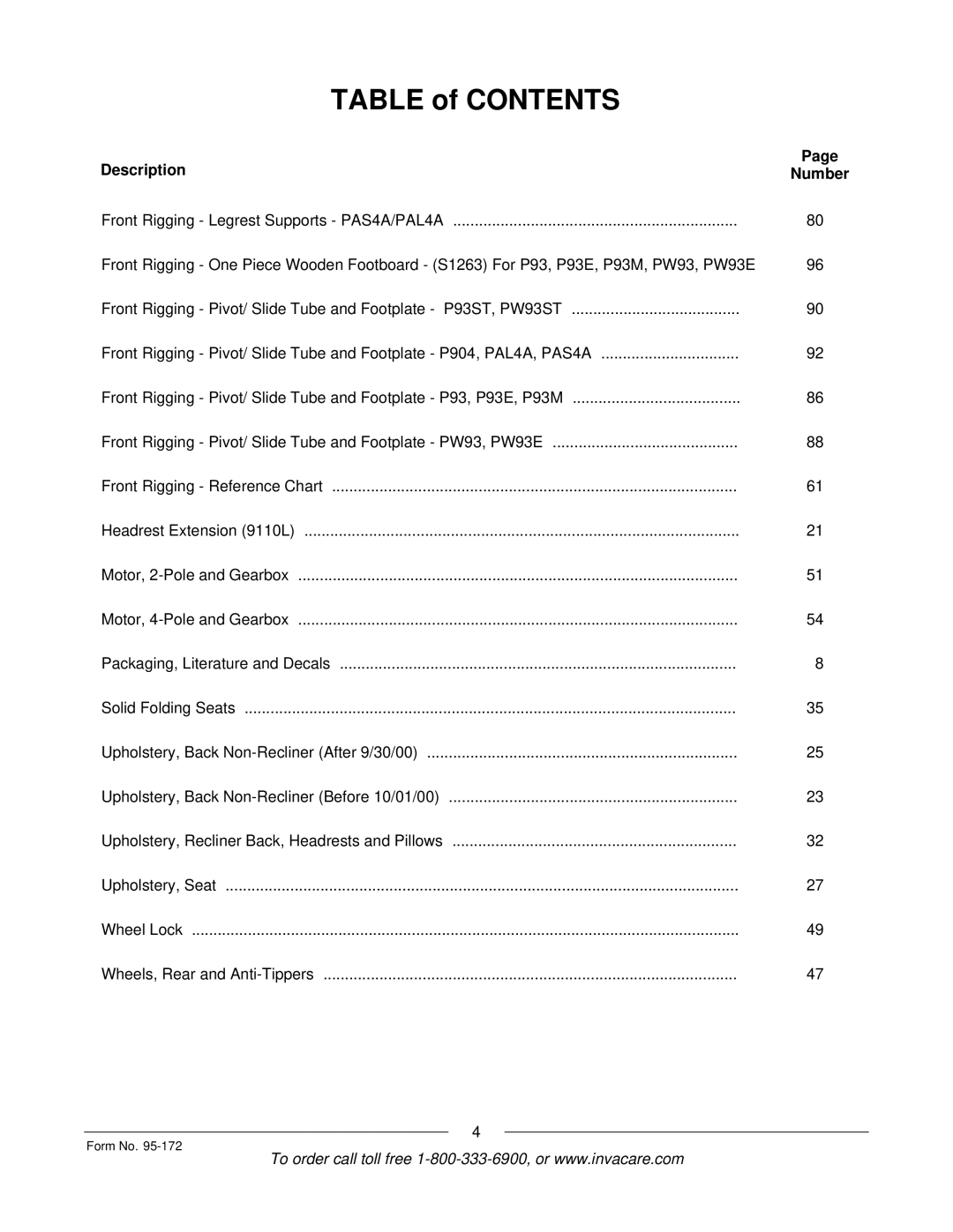 Invacare 250-S manual Table of Contents 