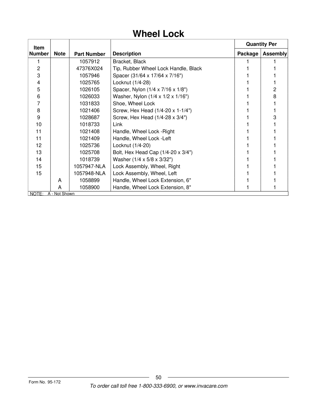 Invacare 250-S manual Not Shown Form No 