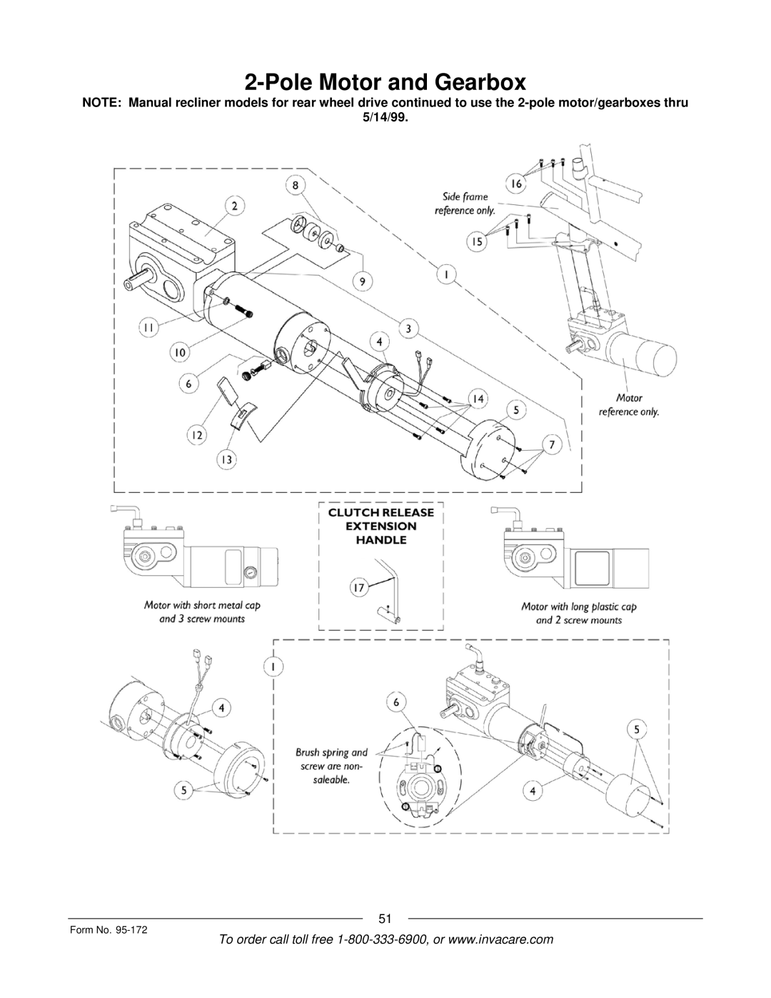 Invacare 250-S manual Pole Motor and Gearbox 