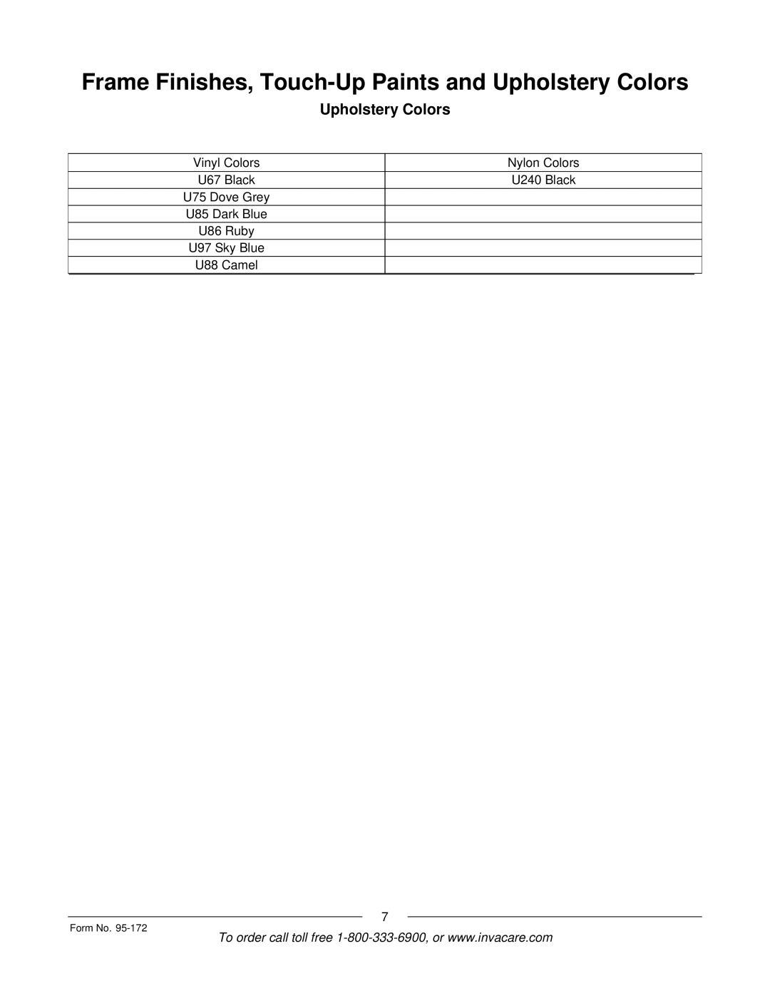 Invacare 250-S manual Upholstery Colors 