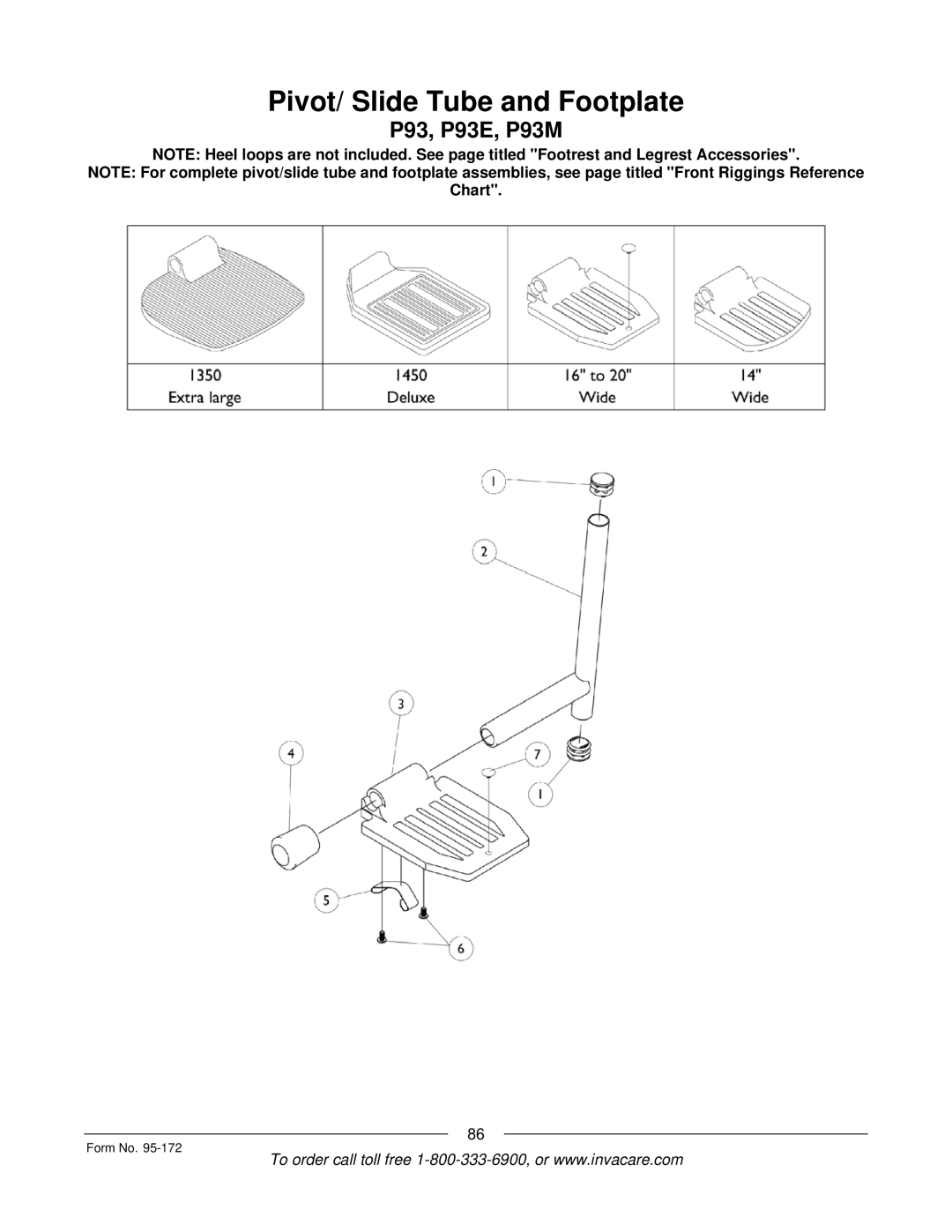 Invacare 250-S manual Pivot/ Slide Tube and Footplate 