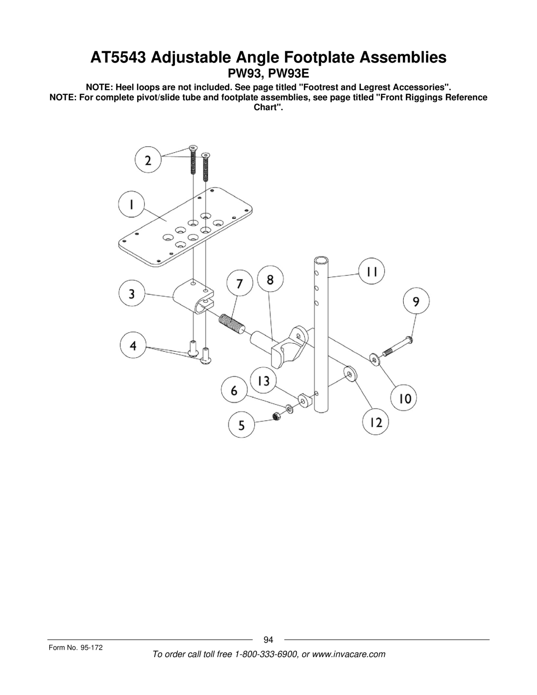 Invacare 250-S manual AT5543 Adjustable Angle Footplate Assemblies 