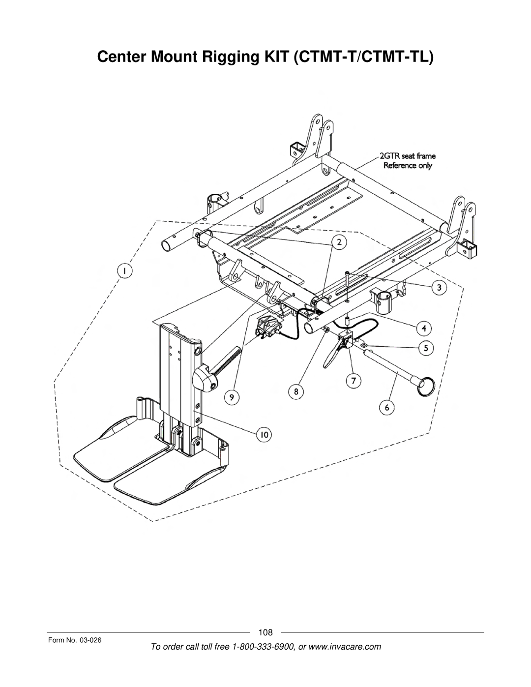 Invacare 2GTR, 2GR manual Center Mount Rigging KIT CTMT-T/CTMT-TL 