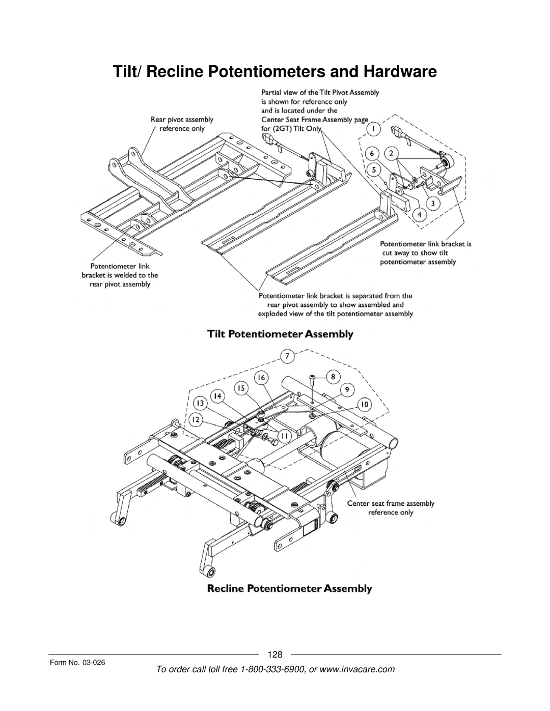 Invacare 2GTR, 2GR manual Tilt/ Recline Potentiometers and Hardware 