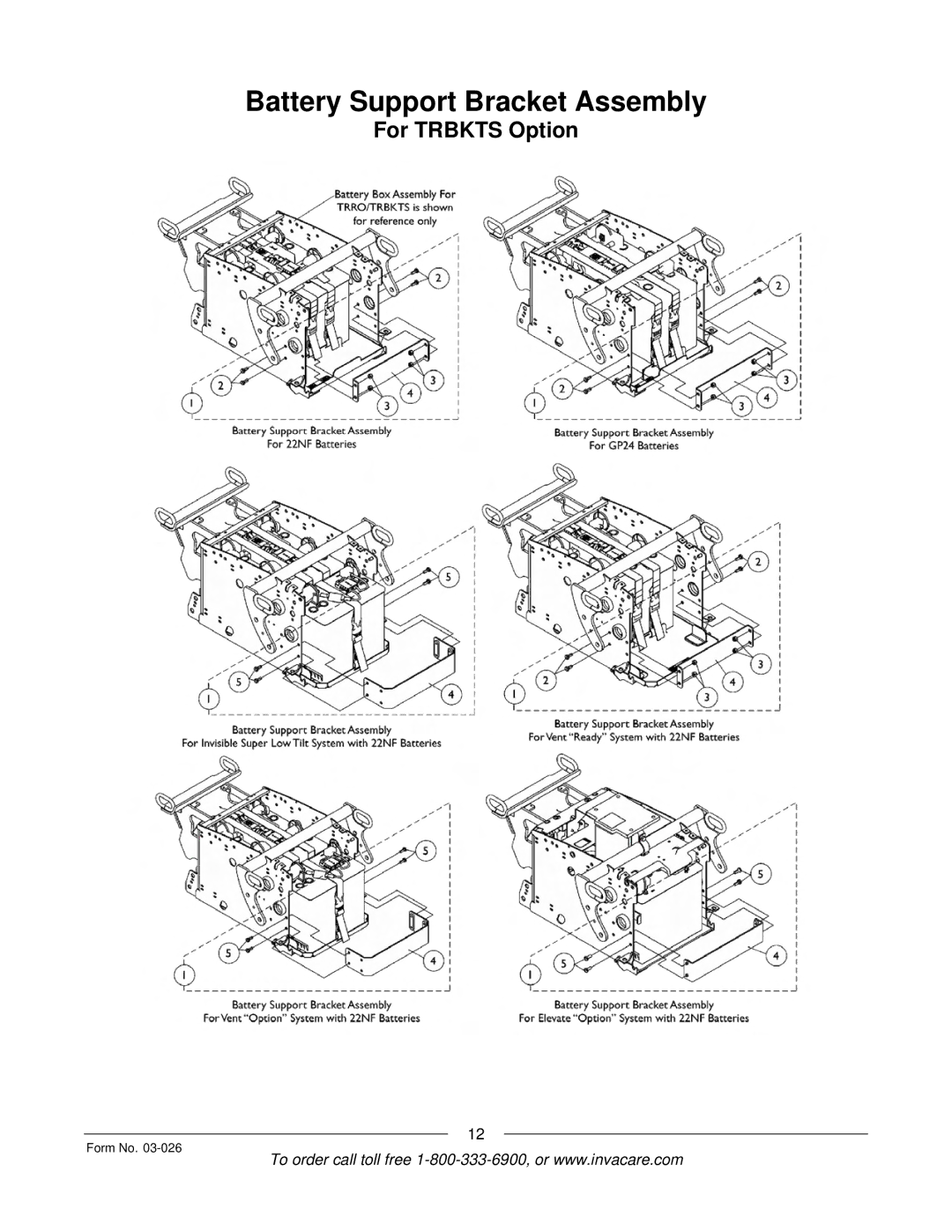 Invacare 2GTR, 2GR manual Battery Support Bracket Assembly 