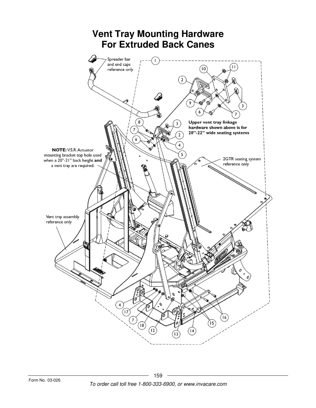 Invacare 2GTR, 2GR manual Vent Tray Mounting Hardware For Extruded Back Canes 