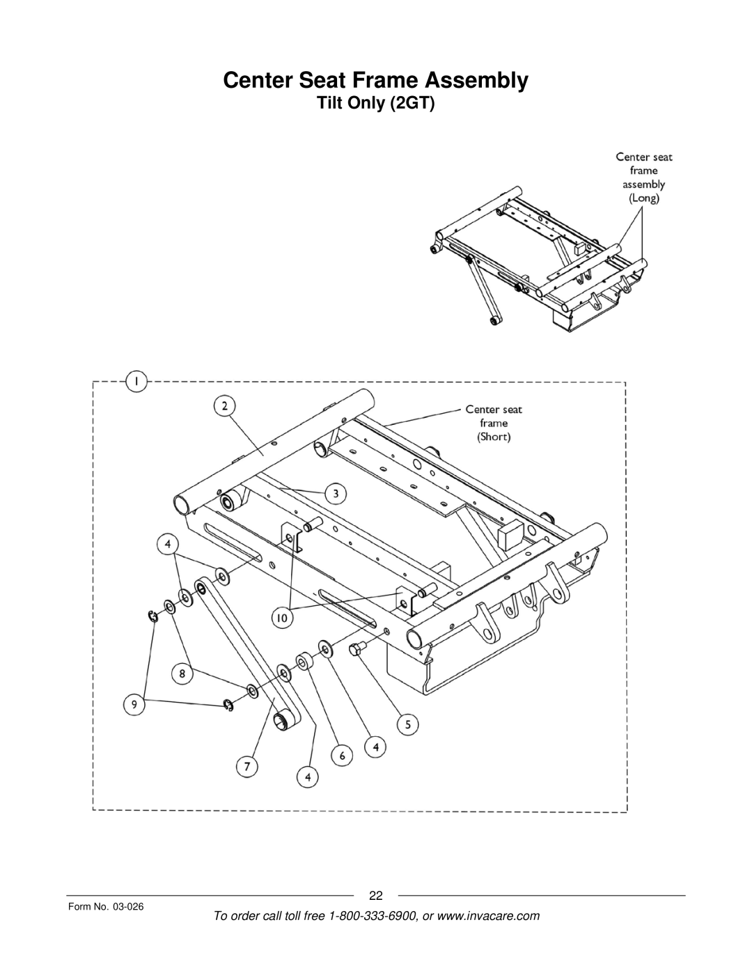 Invacare 2GR, 2GTR manual Center Seat Frame Assembly 