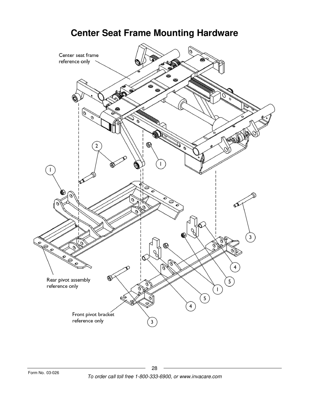 Invacare 2GR, 2GTR manual Center Seat Frame Mounting Hardware 