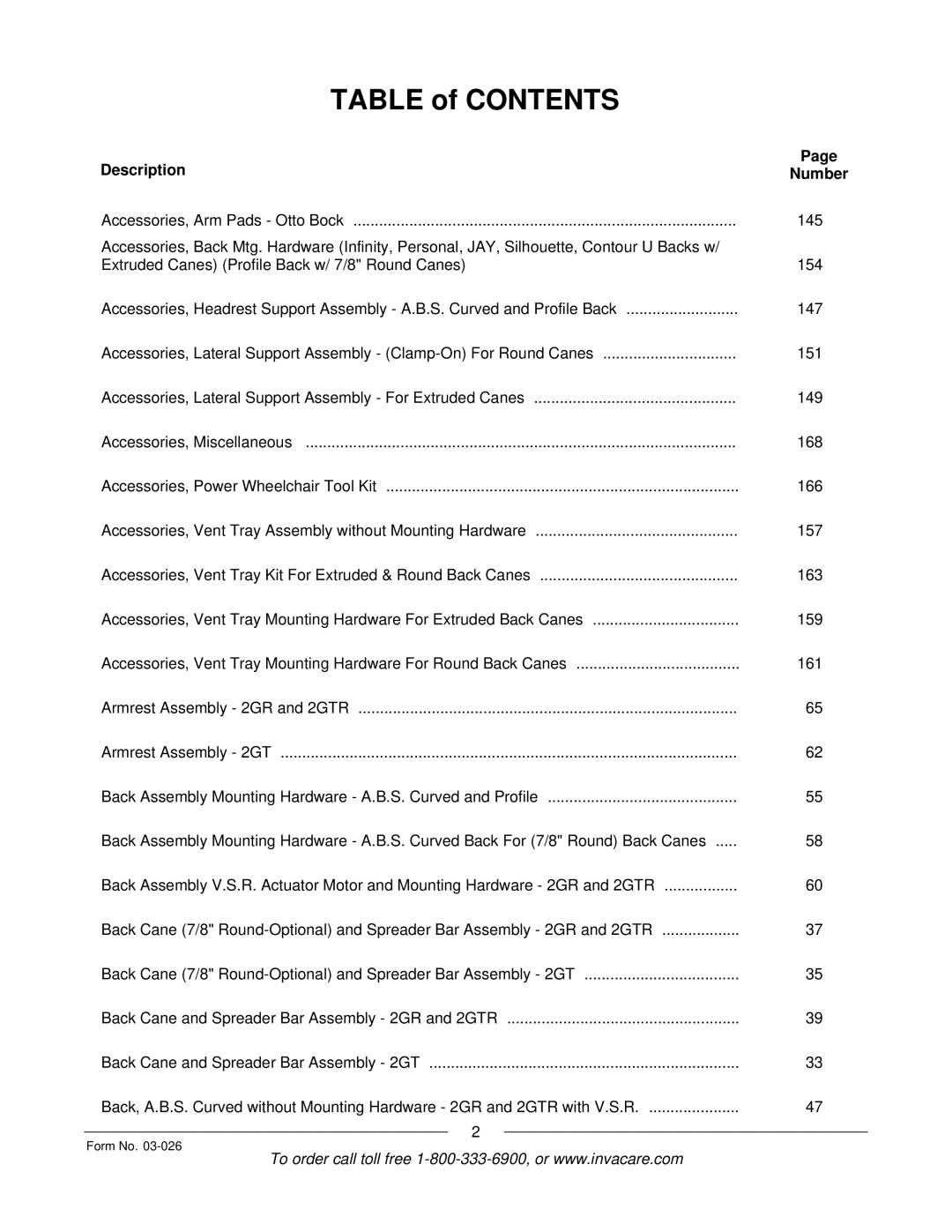 Invacare 2GTR, 2GR manual Table of Contents 