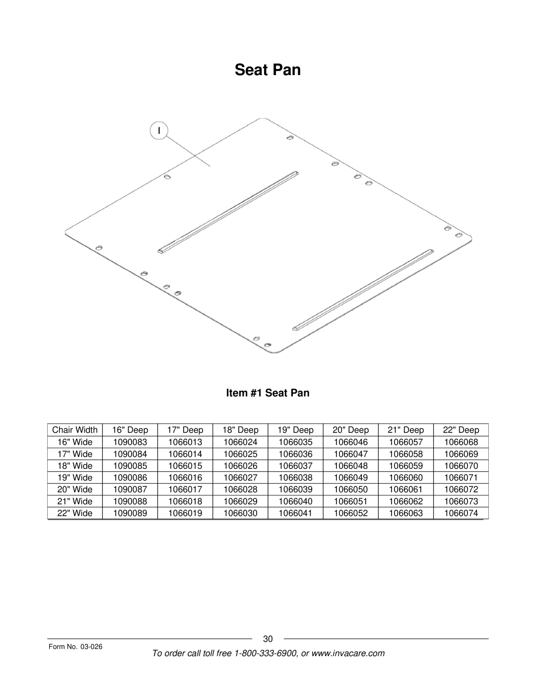 Invacare 2GTR, 2GR manual Item #1 Seat Pan 