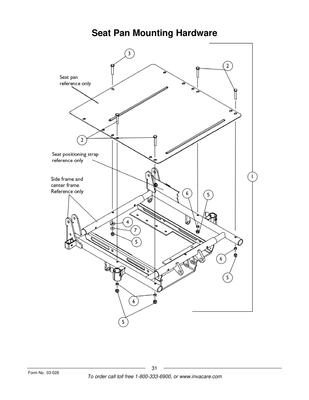 Invacare 2GR, 2GTR manual Seat Pan Mounting Hardware 