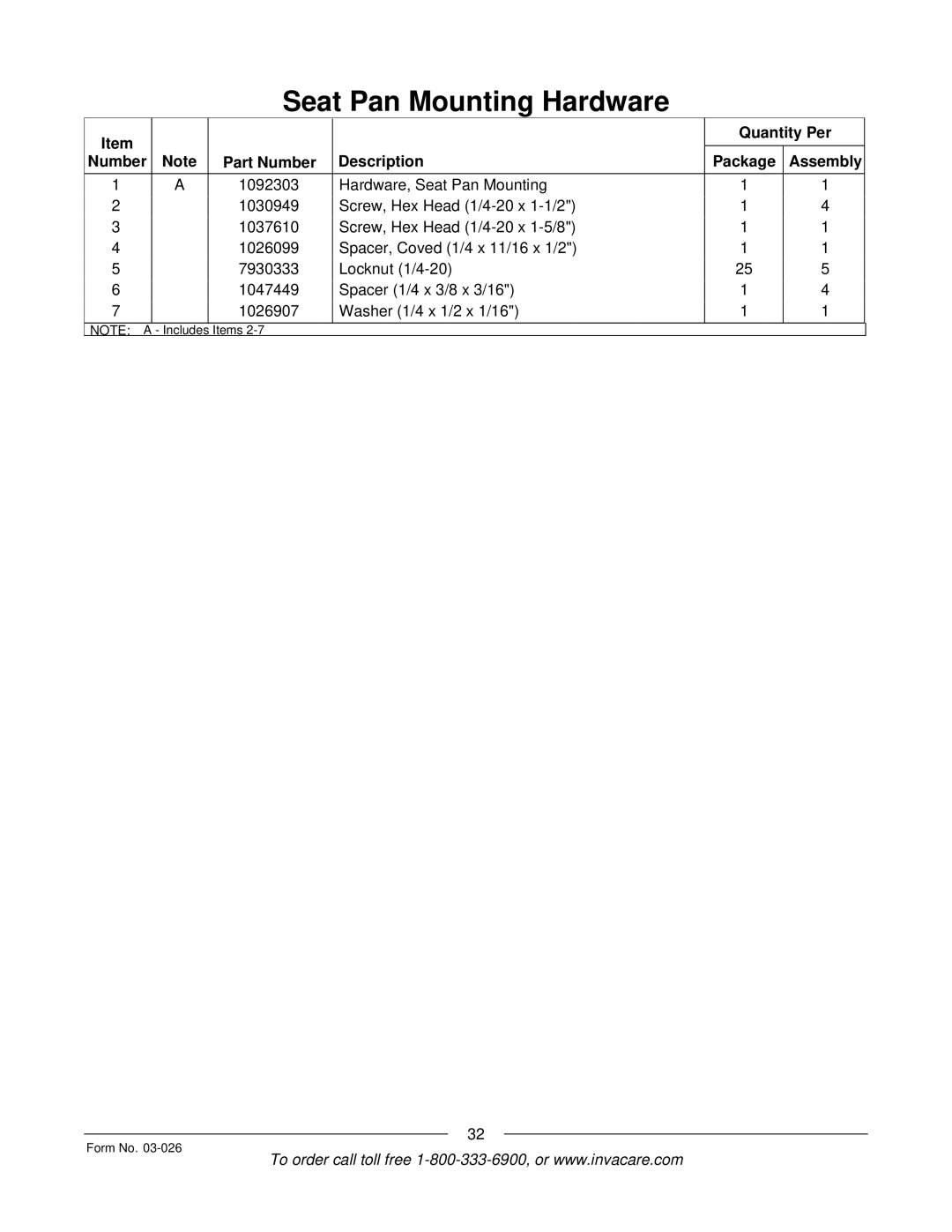 Invacare 2GTR, 2GR manual Quantity Per Number Part Number Description Package Assembly 