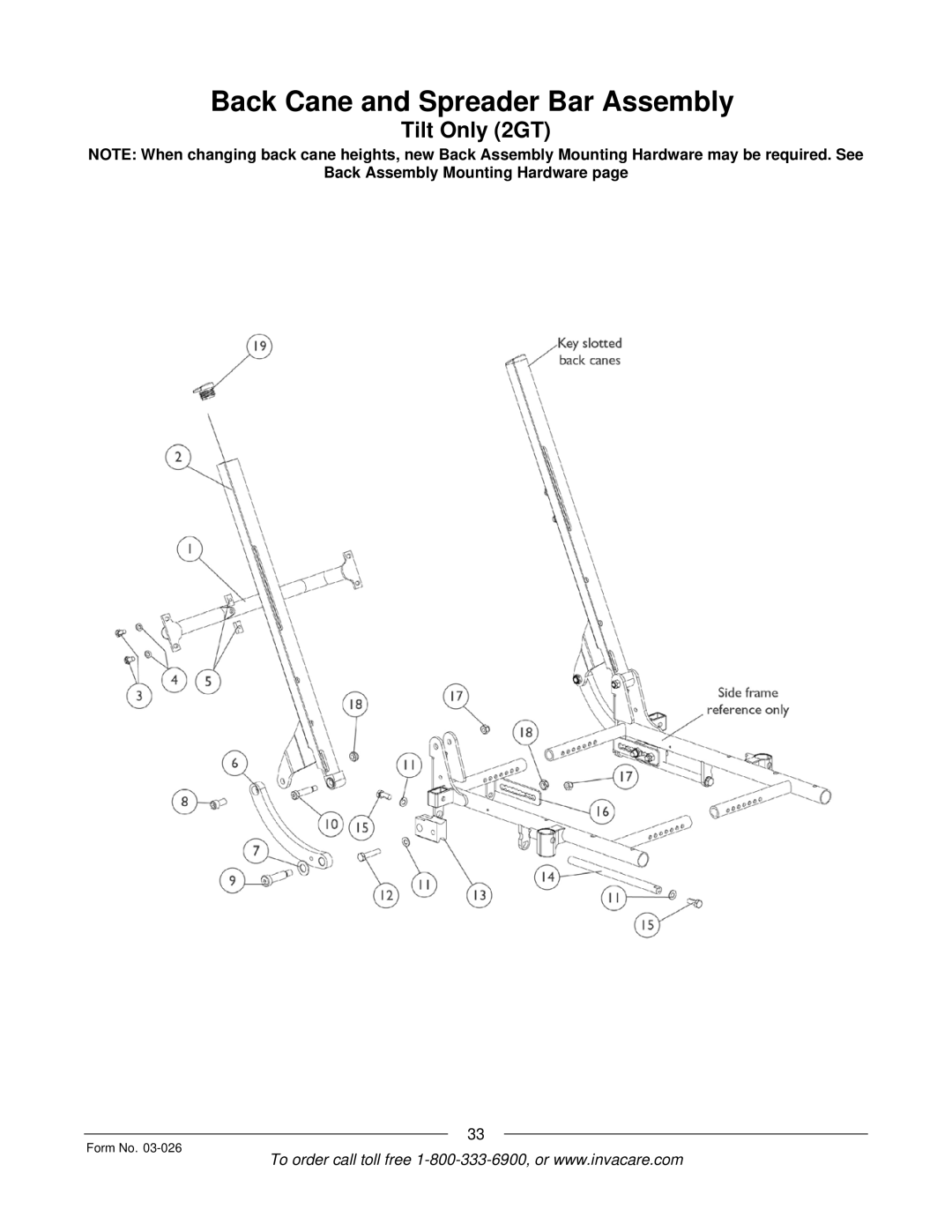 Invacare 2GTR, 2GR manual Back Cane and Spreader Bar Assembly 