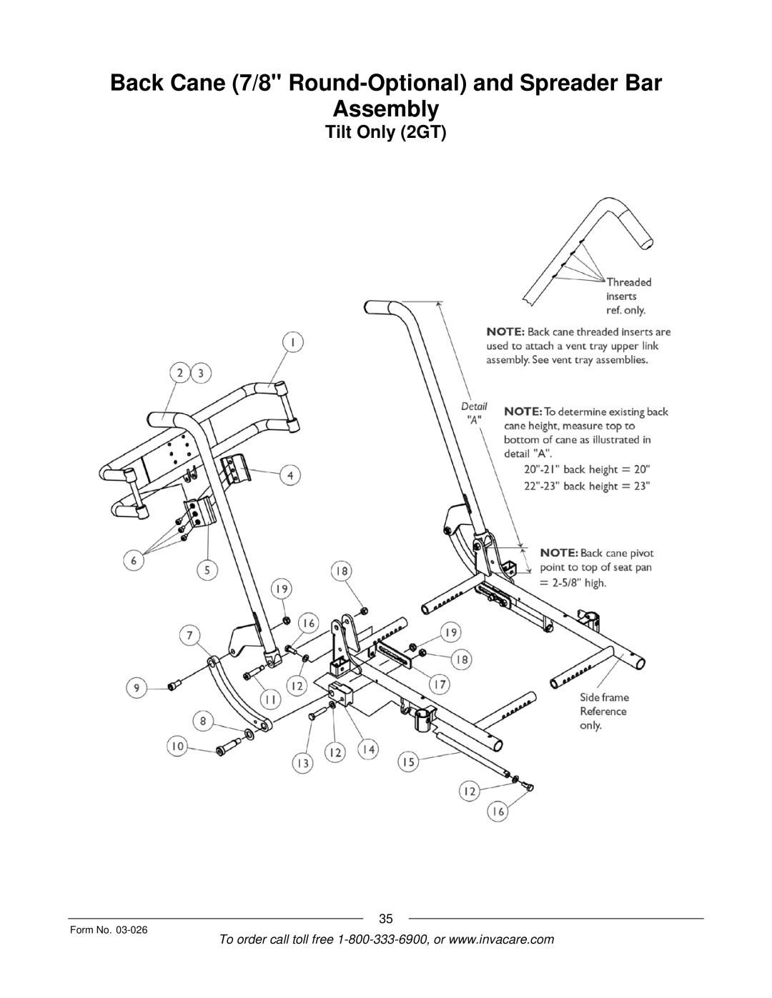 Invacare 2GTR, 2GR manual Back Cane 7/8 Round-Optional and Spreader Bar Assembly 