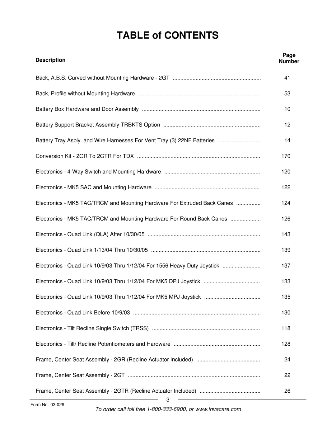 Invacare 2GTR, 2GR manual Table of Contents 