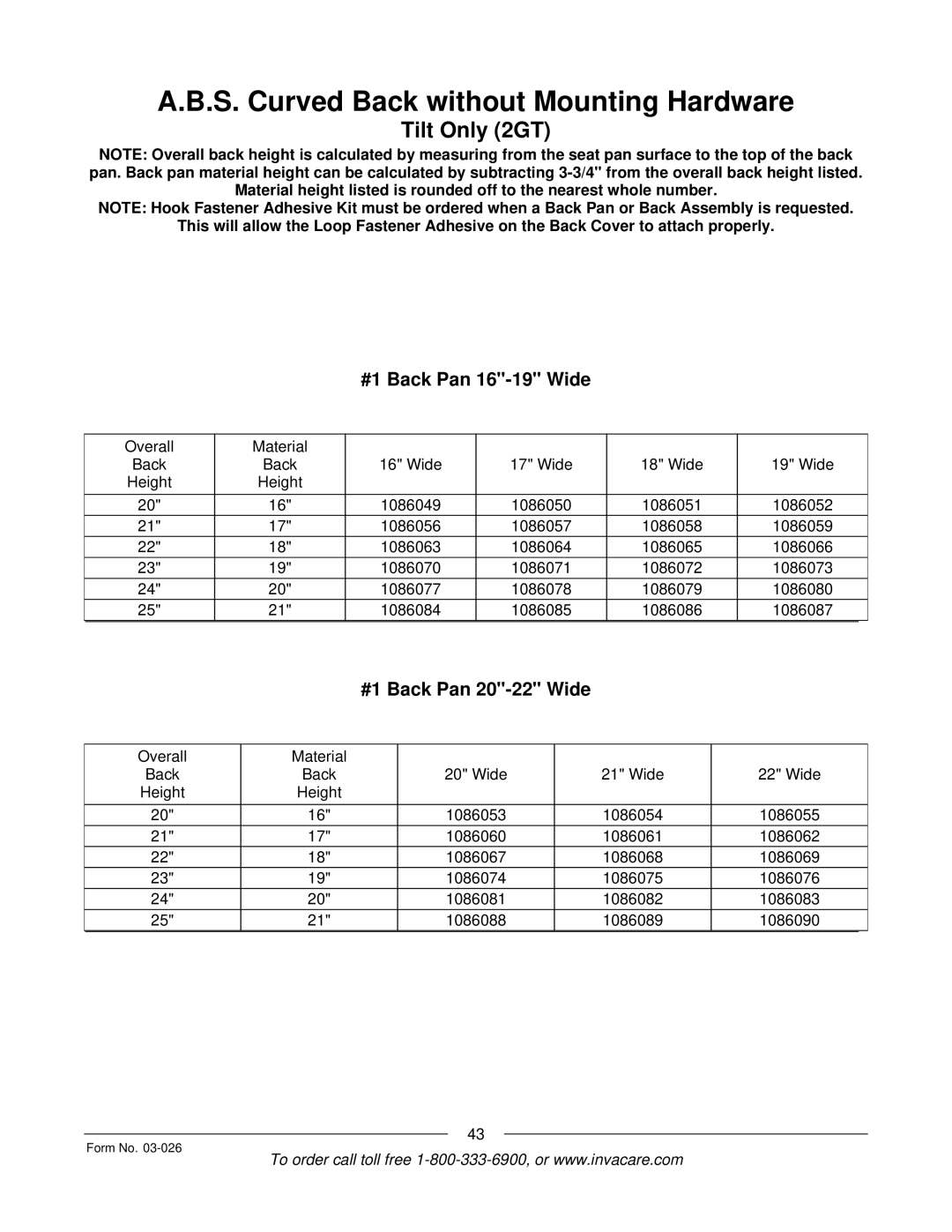 Invacare 2GR, 2GTR manual #1 Back Pan 16-19 Wide, #1 Back Pan 20-22 Wide 