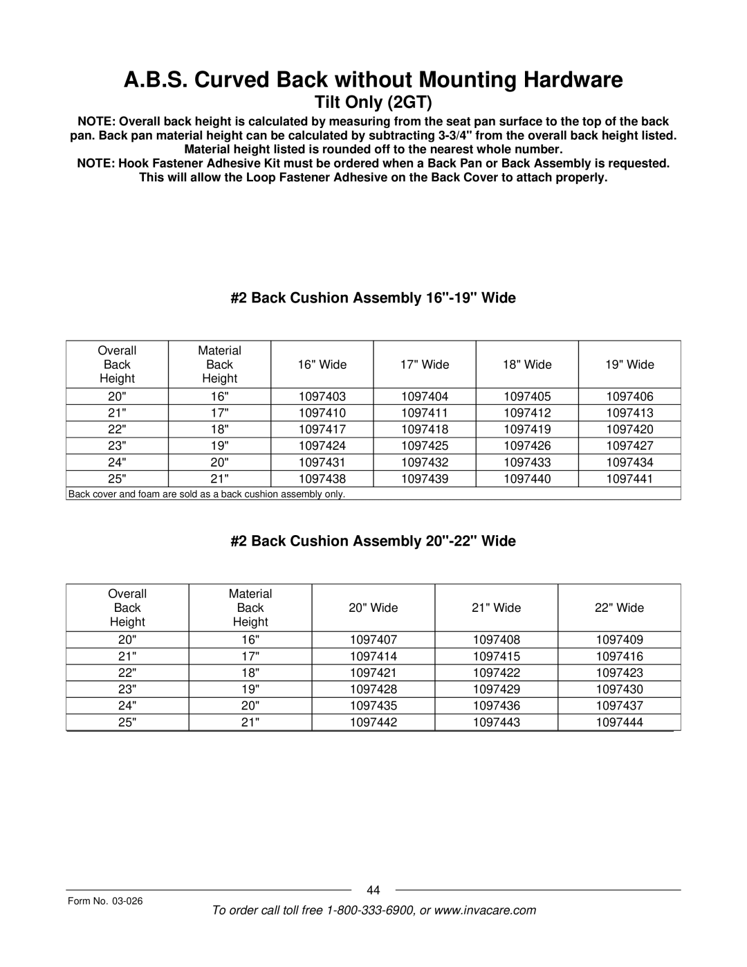 Invacare 2GTR, 2GR manual #2 Back Cushion Assembly 16-19 Wide, #2 Back Cushion Assembly 20-22 Wide 