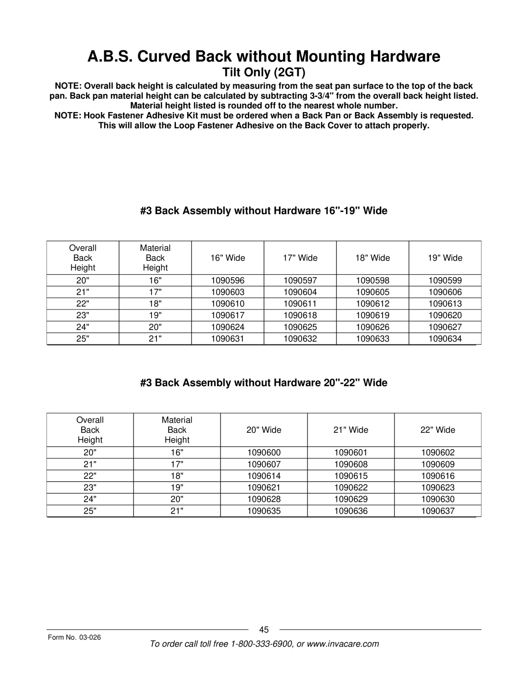 Invacare 2GTR, 2GR manual #3 Back Assembly without Hardware 16-19 Wide, #3 Back Assembly without Hardware 20-22 Wide 