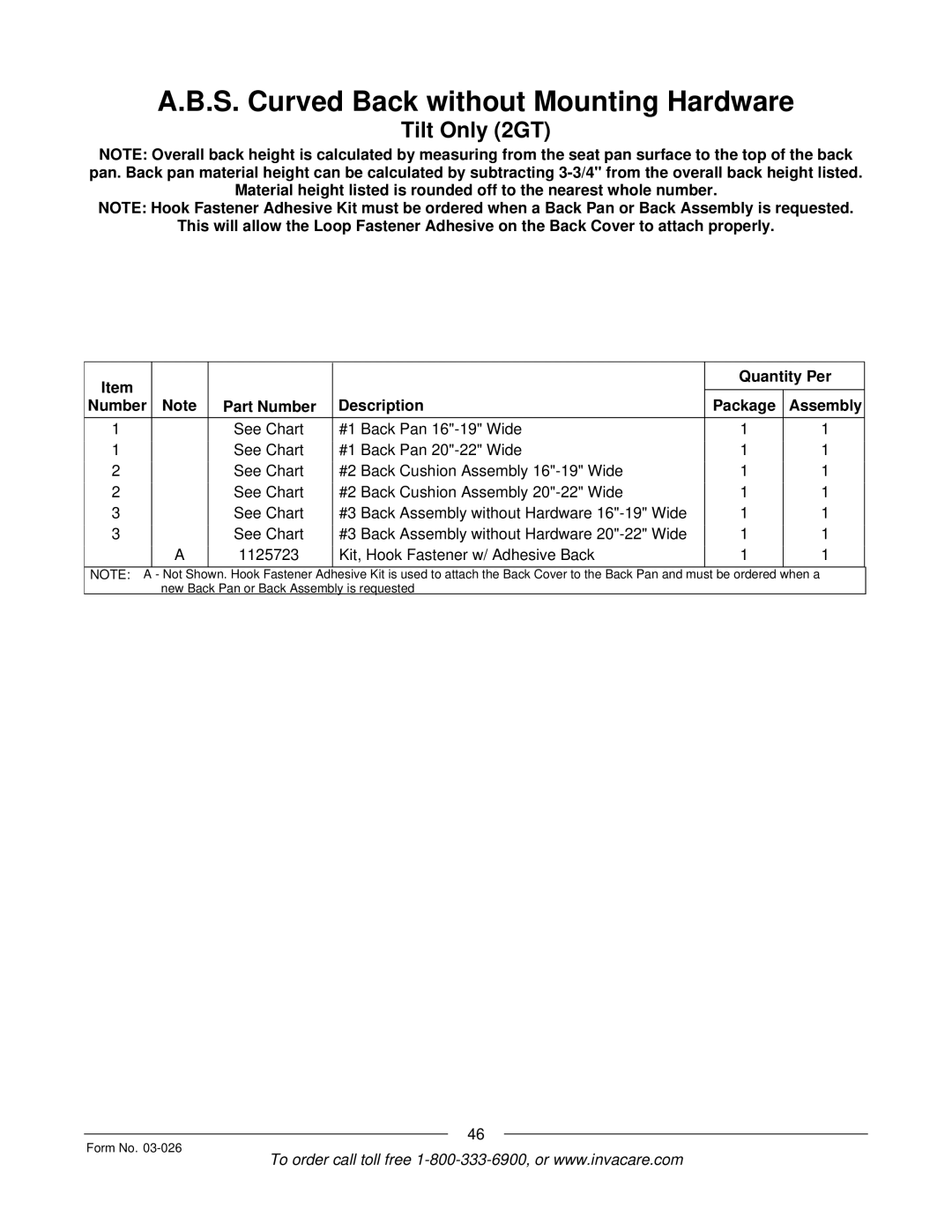 Invacare 2GR, 2GTR manual New Back Pan or Back Assembly is requested Form No 