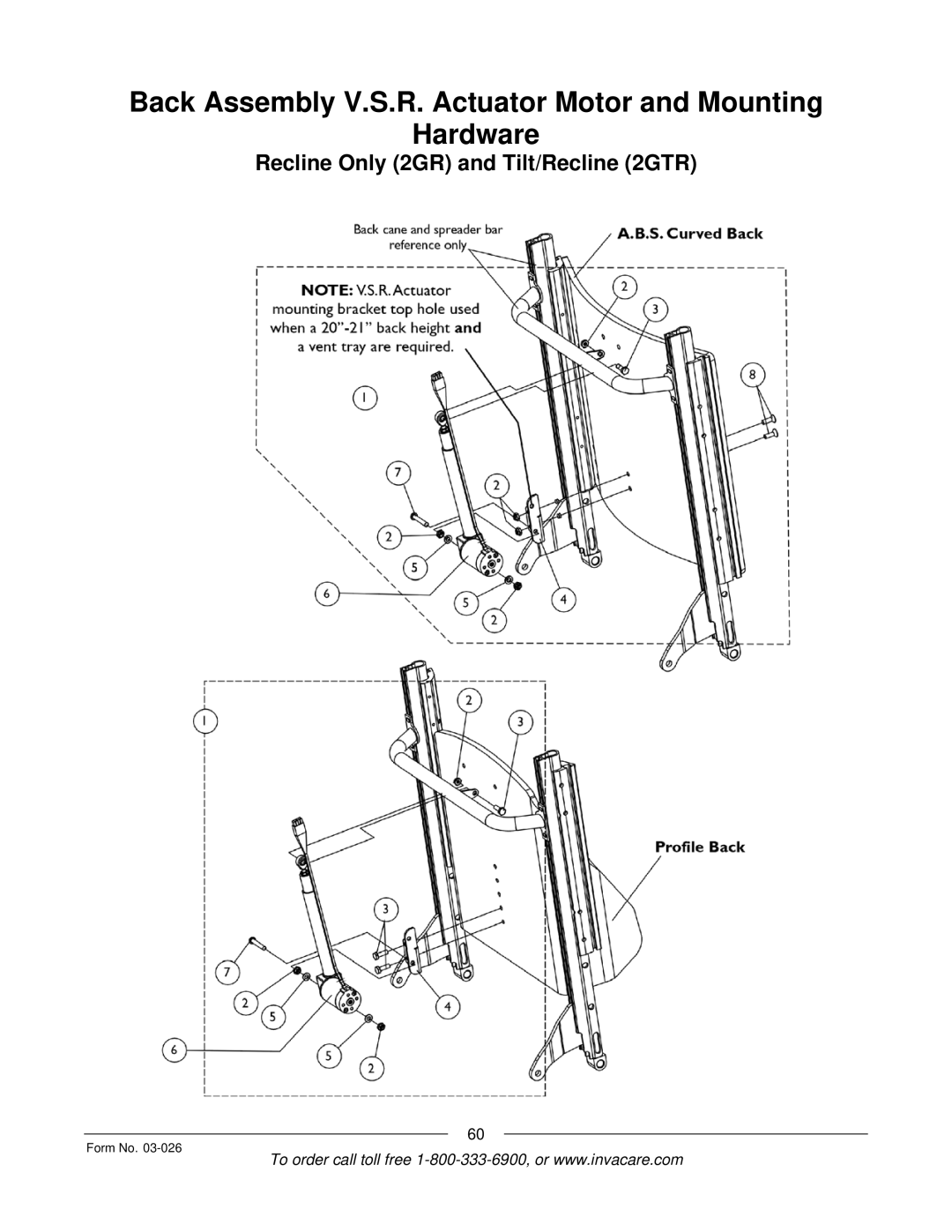 Invacare 2GTR, 2GR manual Back Assembly V.S.R. Actuator Motor and Mounting Hardware 