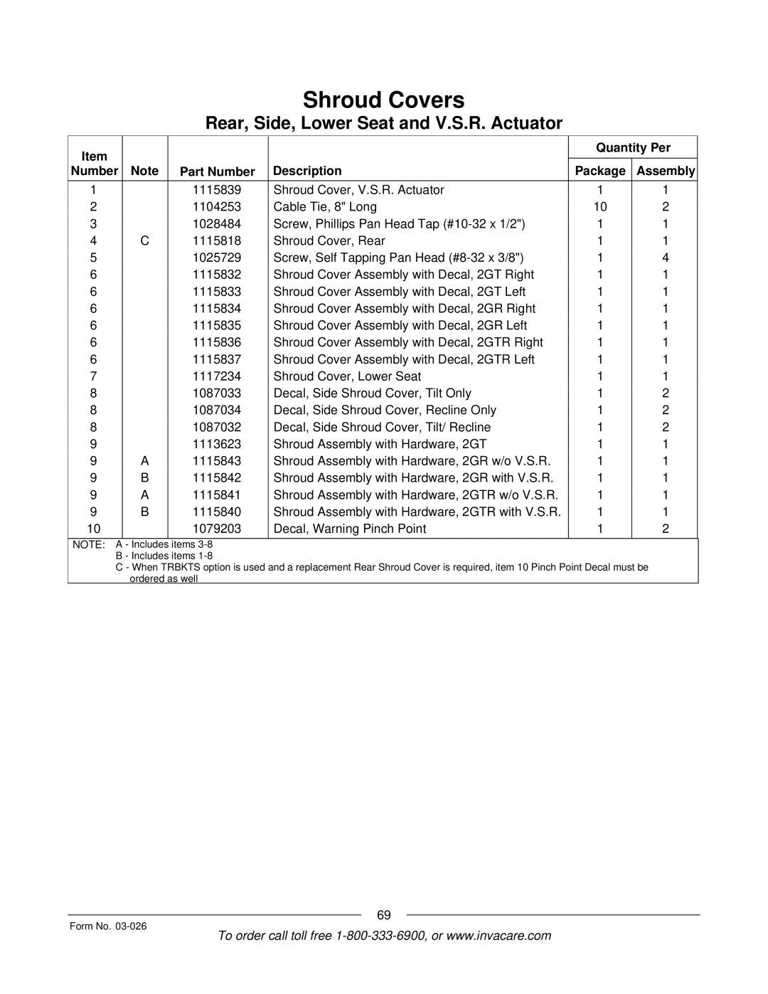 Invacare 2GTR, 2GR manual Quantity Per Number Part Number Description Package Assembly 