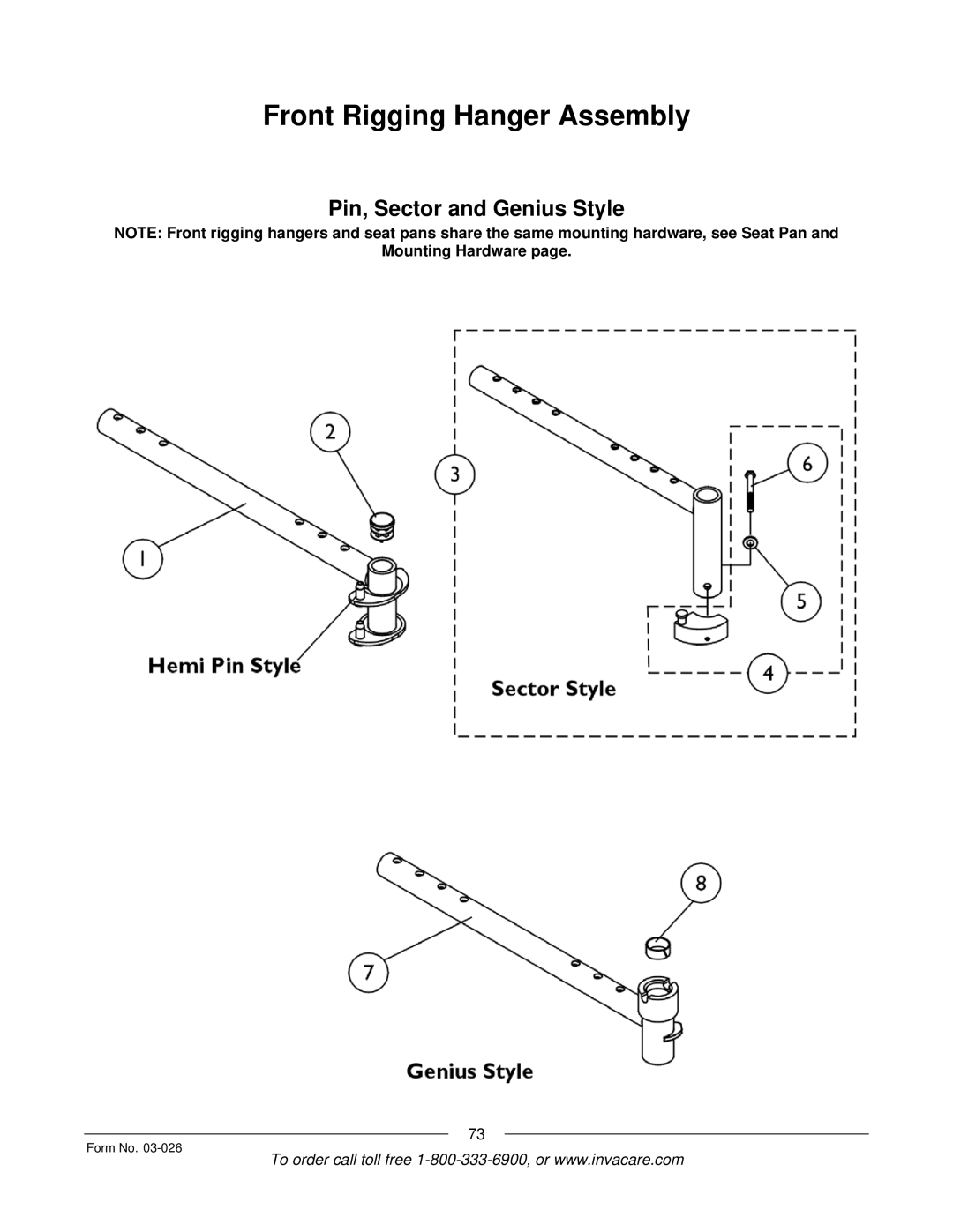 Invacare 2GR, 2GTR manual Front Rigging Hanger Assembly 