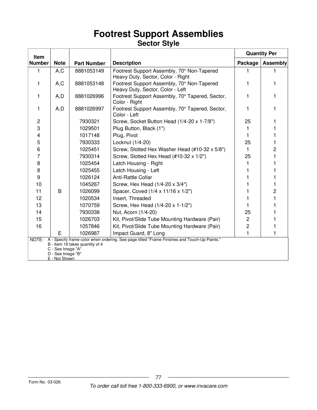 Invacare 2GTR, 2GR manual Quantity Per Number Part Number Description Package Assembly 