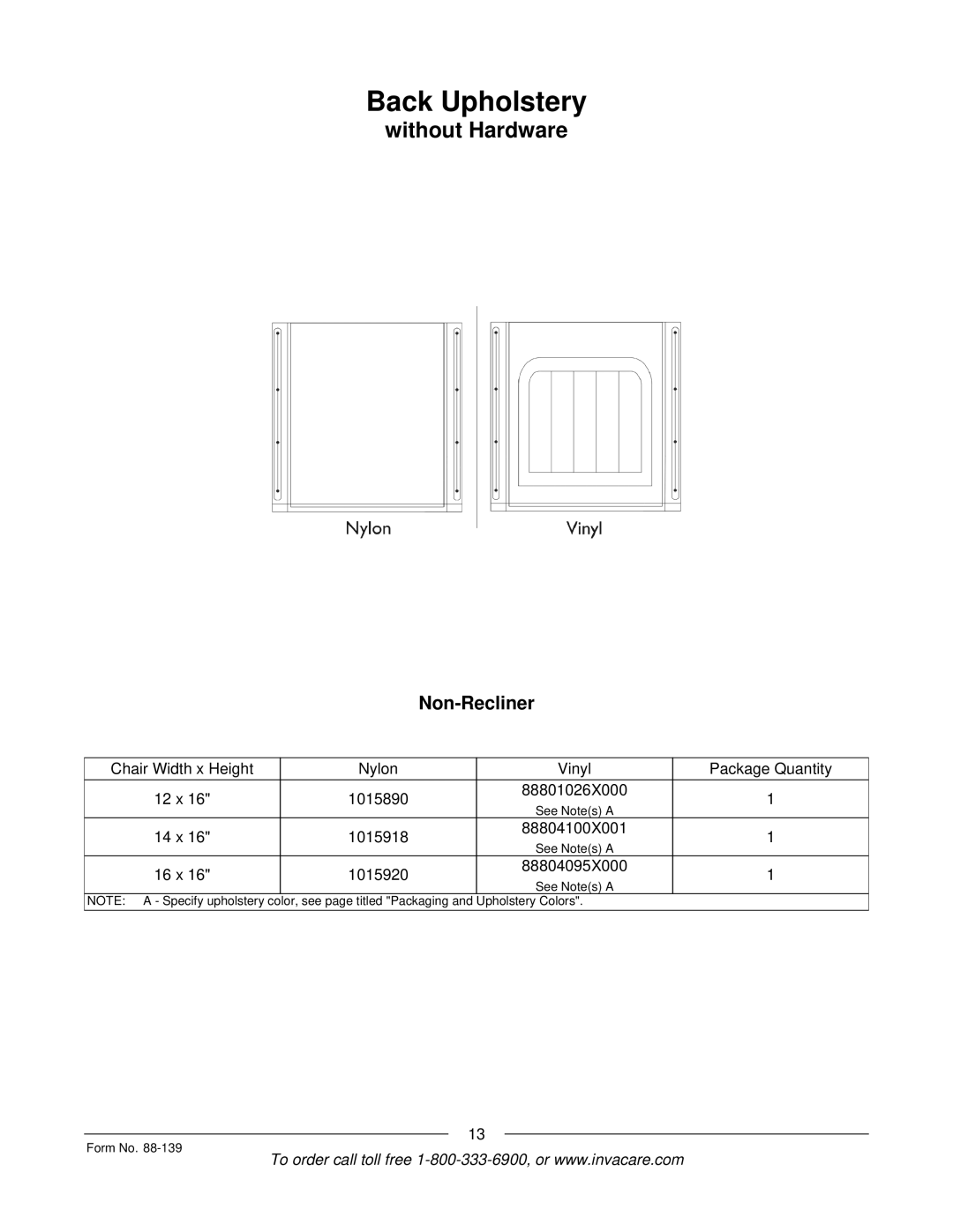 Invacare 3000 manual Back Upholstery, Non-Recliner 