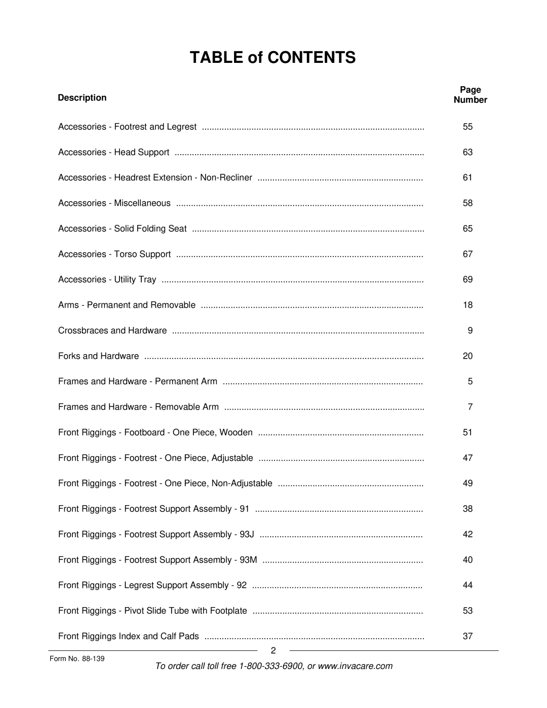 Invacare 3000 manual Table of Contents 