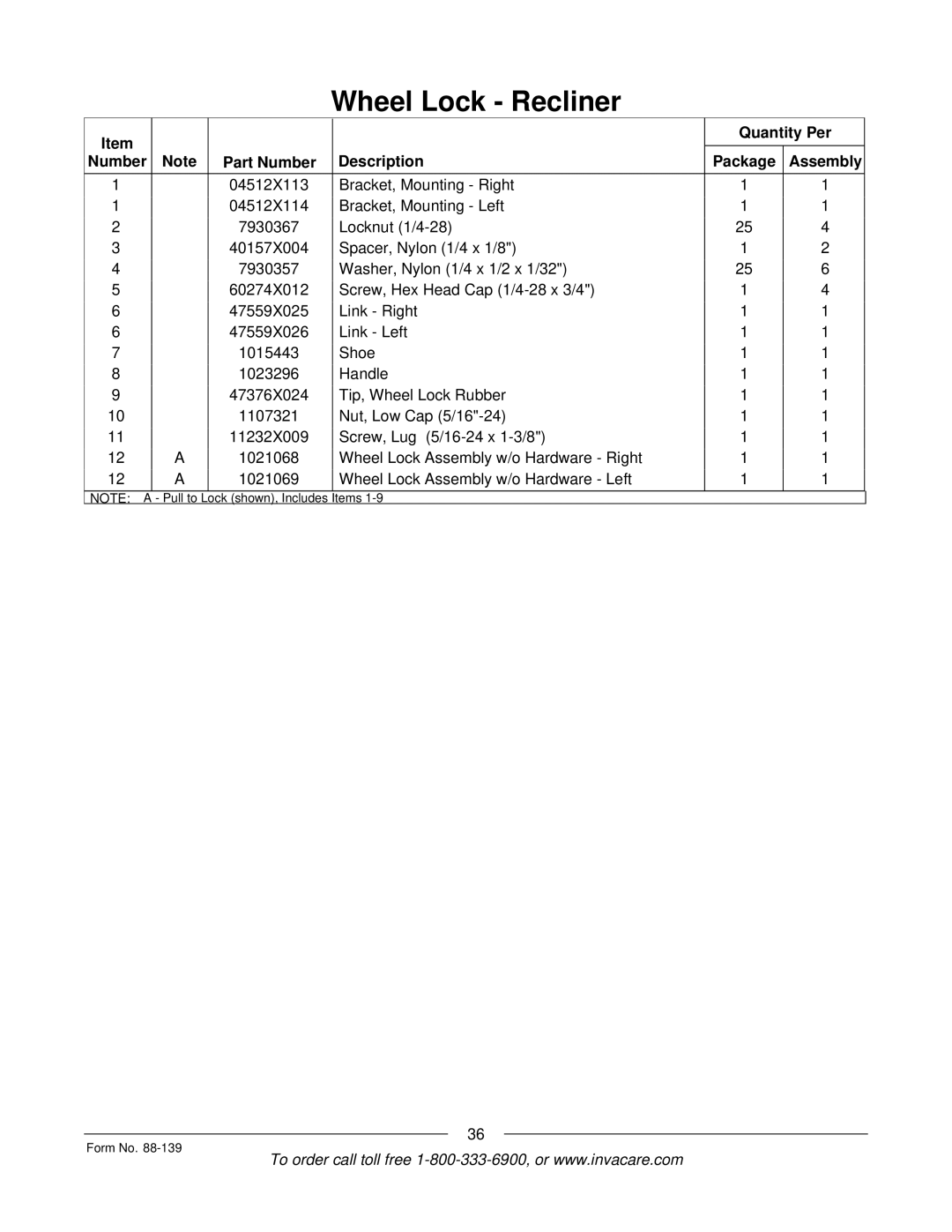Invacare 3000 manual Pull to Lock shown, Includes Items Form No 
