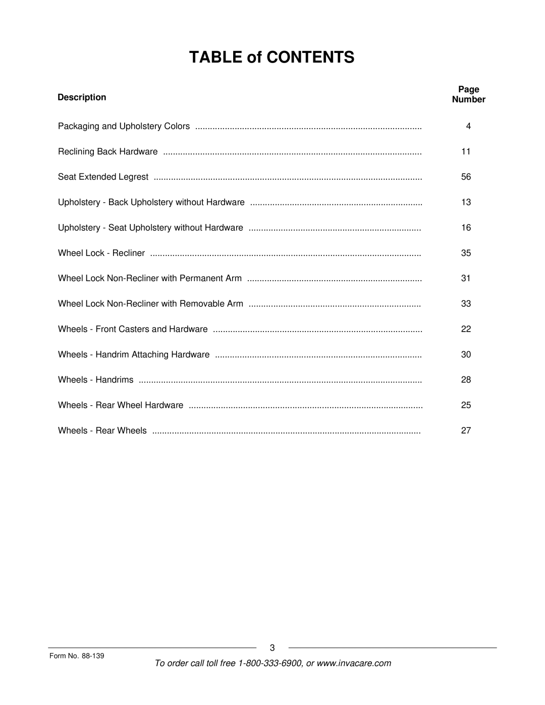 Invacare 3000 manual Table of Contents 