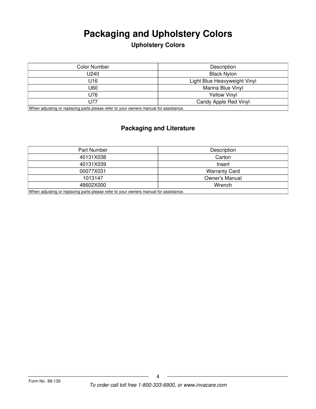 Invacare 3000 manual Packaging and Upholstery Colors, Packaging and Literature 